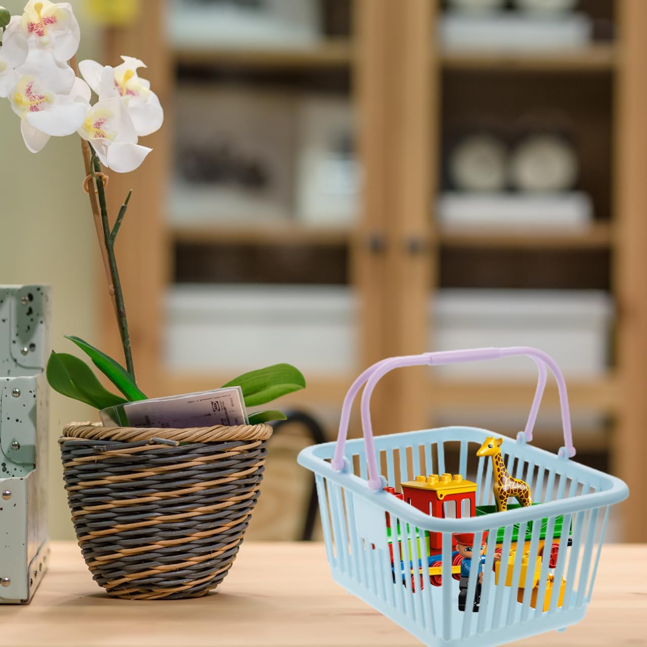 3-Piece Plastic Storage Baskets with Handles - Small Toy Organizer, Desktop Sundries Basket & Shopping Baskets in Sky Blue - Perfect for Kids' Room, Office Organization & Retail Displays