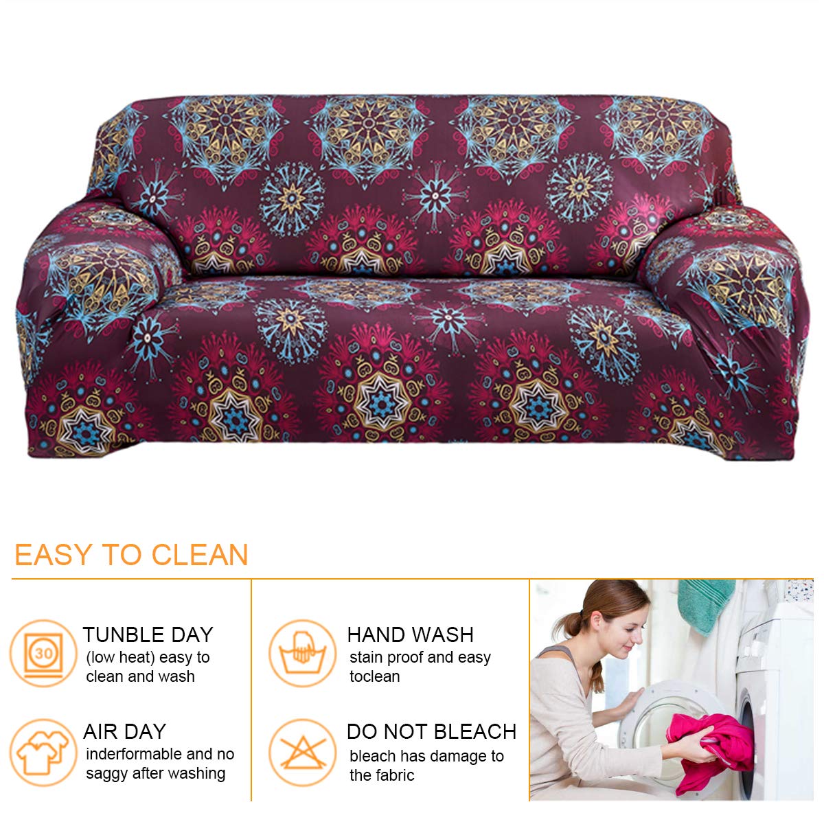 ELEOPTION Stretch L-Shaped Sectional Sofa Cover - 2 Piece Printed Couch Slipcover for 3-Seater, Pet-Friendly Fabric for Cats & Dogs (Red/Blue) - Perfect for Living Room, Family Room & Pet-Friendly Homes