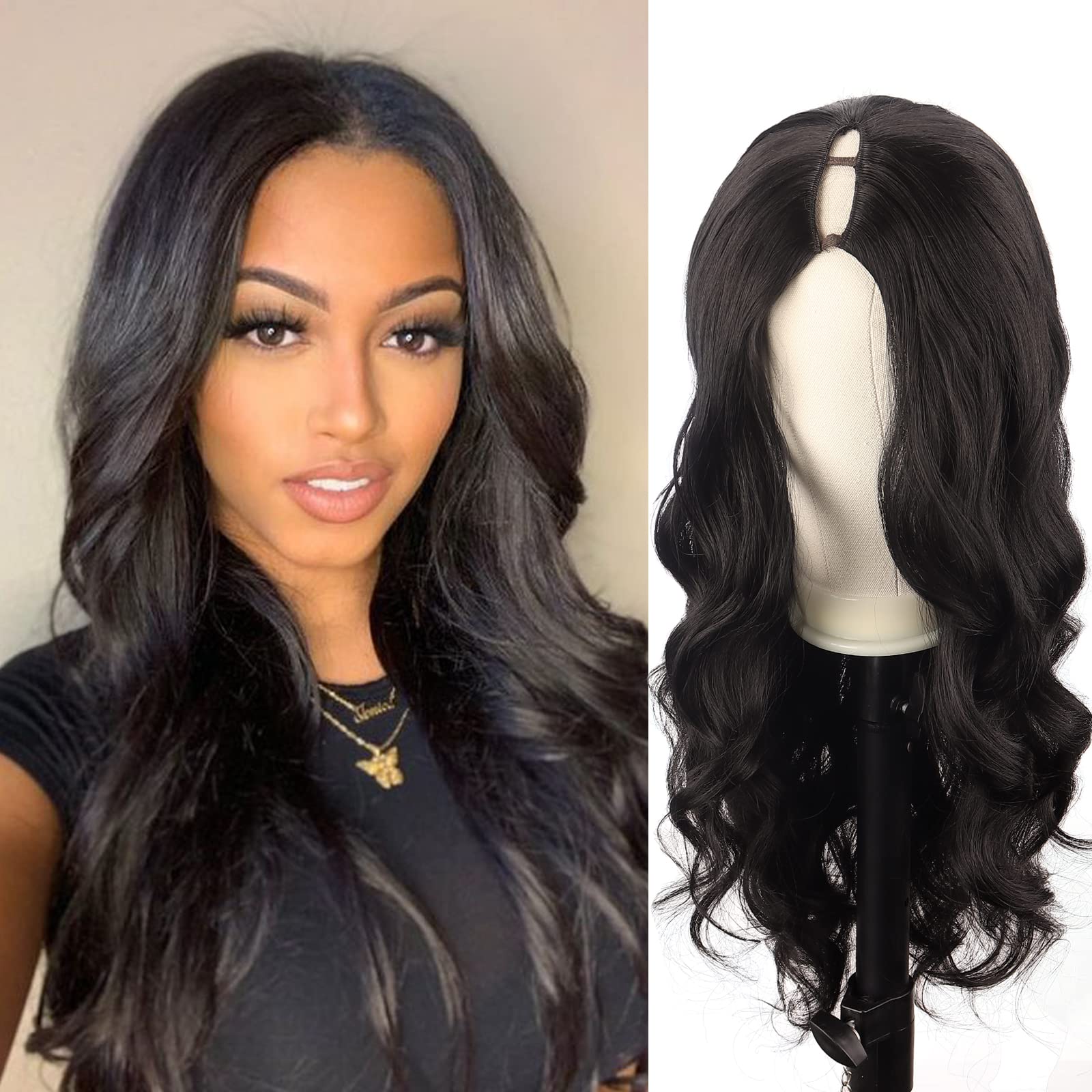 KRSI 24 Inch V Part Body Wave Synthetic Wig - No Glue No Leave Out, Heat Resistant Clip-in Half Wig for Natural Look | Perfect for Daily Wear, Cosplay, Parties & Special Occasions (VP3024)