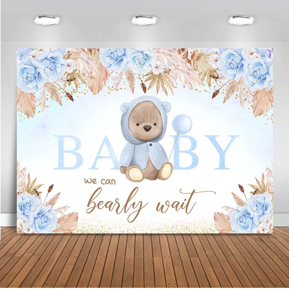 Boho Bear Baby Shower Backdrop 7x5ft - Blue Floral & Pampas Grass Photography Background for 'We Can Bearly Wait' Baby Boy Party Decor | Perfect for Baby Showers, Gender Reveals & Nursery Photo Shoots