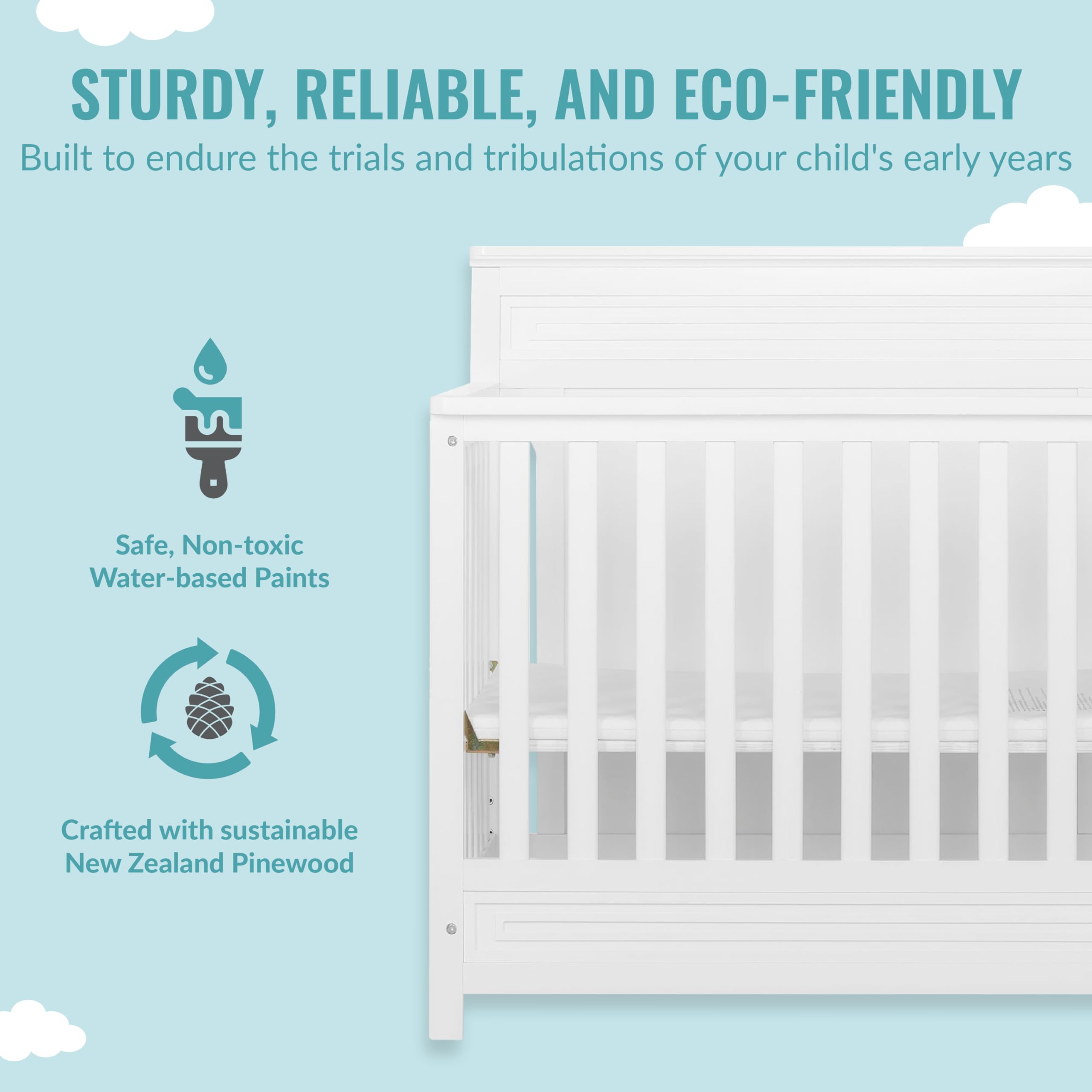 Dream On Me Harbor 4-in-1 Convertible Mini Crib - White Solid Pinewood, Water-Based Paint Finish, JPMA Certified, 3 Adjustable Mattress Heights | Nursery, Small Spaces, Guest Room, Travel & Daycare Use