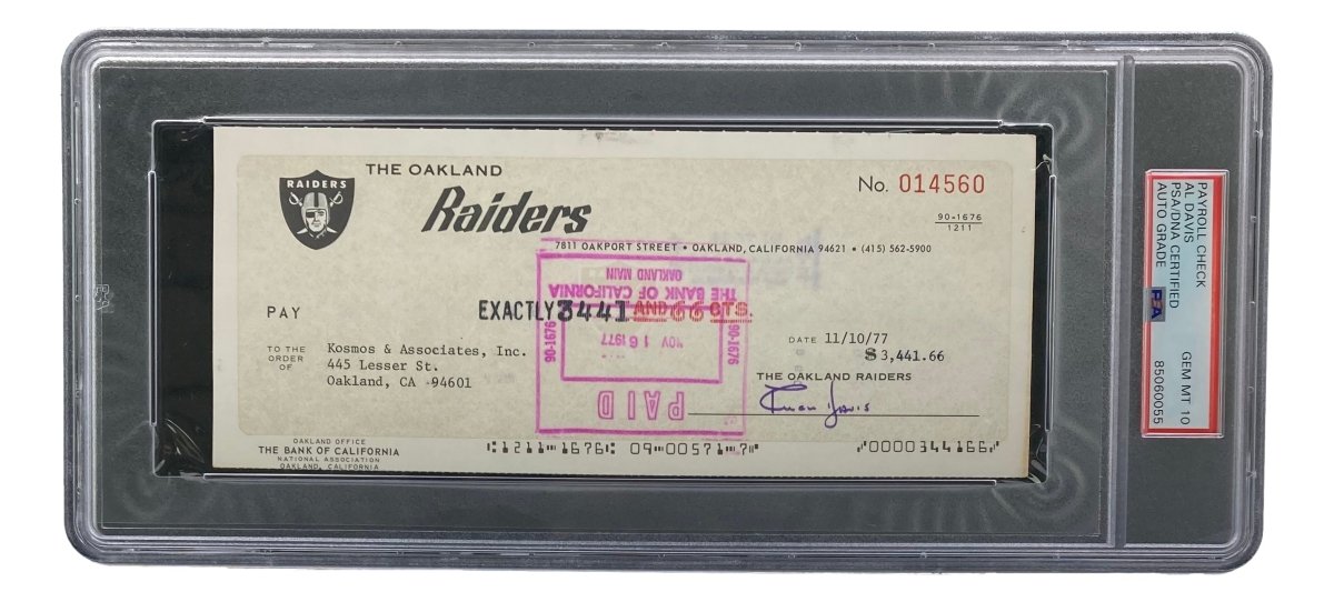 Authentic Al Davis Signed Oakland Raiders Bank Check #14560 PSA/DNA Certified Gem MT 10 - Perfect for NFL Memorabilia Collections and Raiders Fan Displays