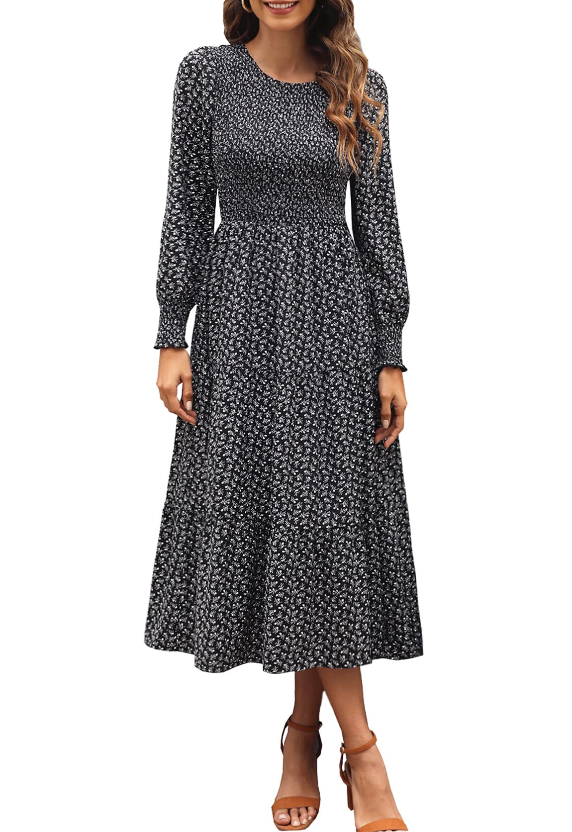 Zattcas Women's Fall Dresses 2025 - Casual Long Sleeve Boho Floral Midi Dress with Smocked Waist & Pockets | Perfect for Wedding Guest, Date Night & Autumn Outfits