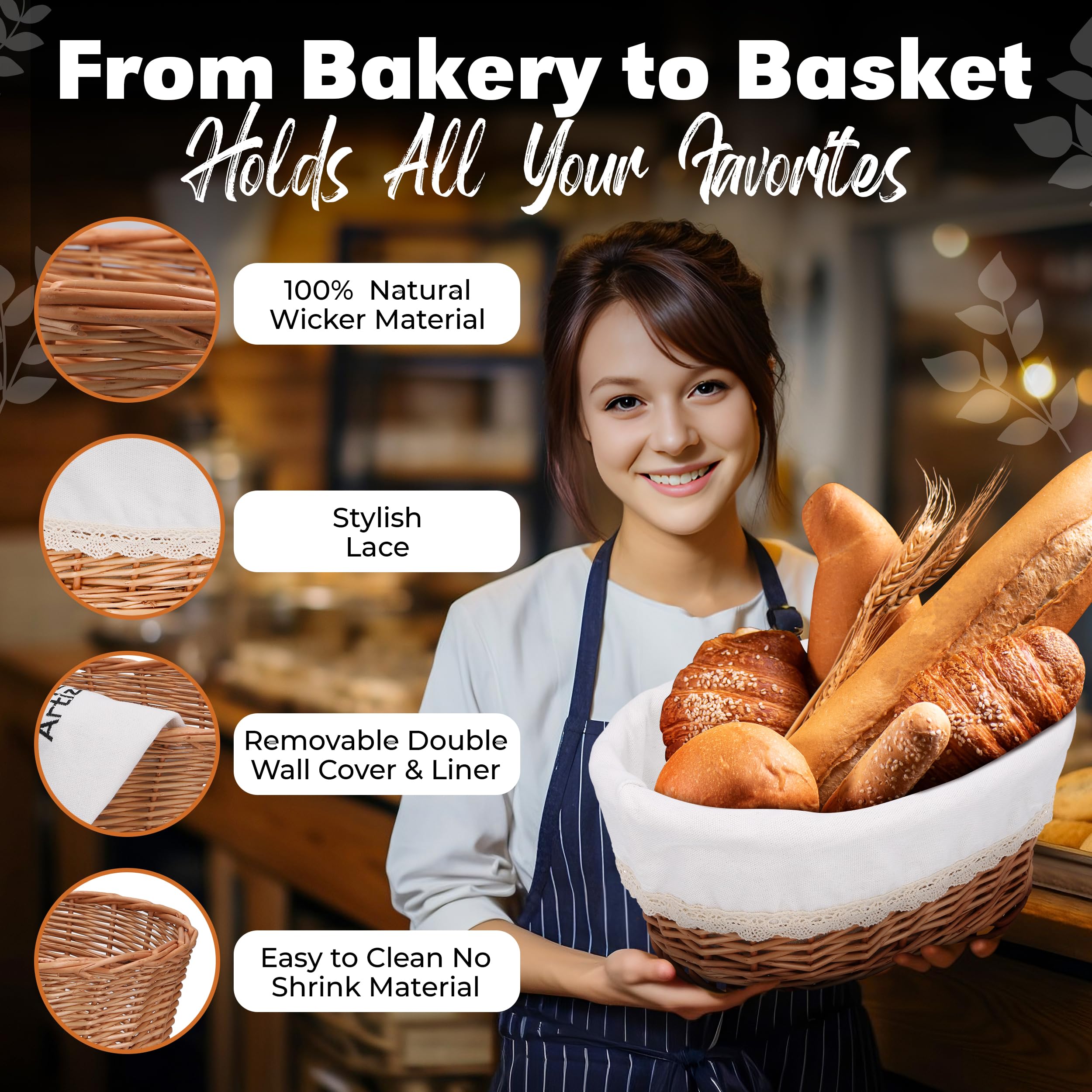 12 Inch Large Handmade Wicker Bread Basket with Removable Liner & Cover - Perfect for Sourdough, Pastries, Fruits Storage & Serving | Rustic Kitchen Decor, Farmhouse Dining, Party Serving