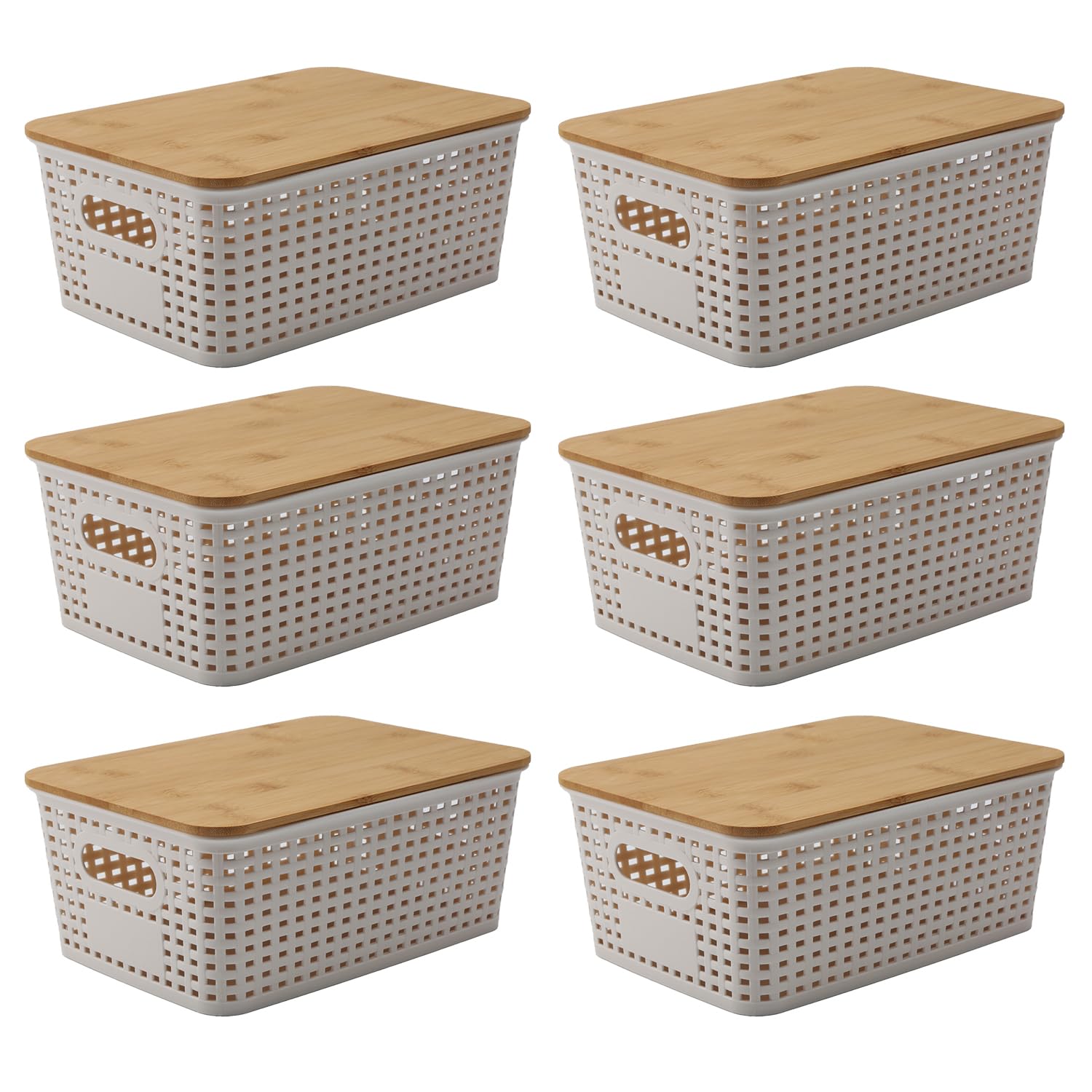 LASIEYO 6-Pack Decorative Storage Bins with Bamboo Lids - Plastic Organizer Baskets for Pantry, Kitchen, Bathroom & Home Organization - Space-Saving Storage Containers for Closet, Office & Nursery