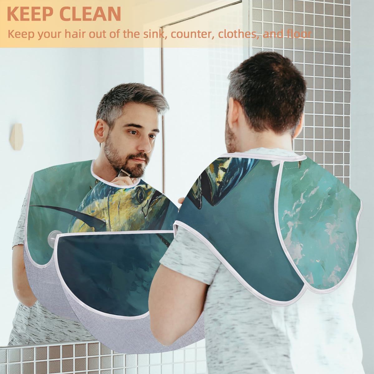 Blue Fin Tuna Ocean Beard Bib Hair Catcher for Men - Non-Stick Shaving Apron with Suction Cups, Grooming Cape for Beards - Perfect Birthday Gift for Husband & Dad - Ideal for Home Barbering & Beard Trimming