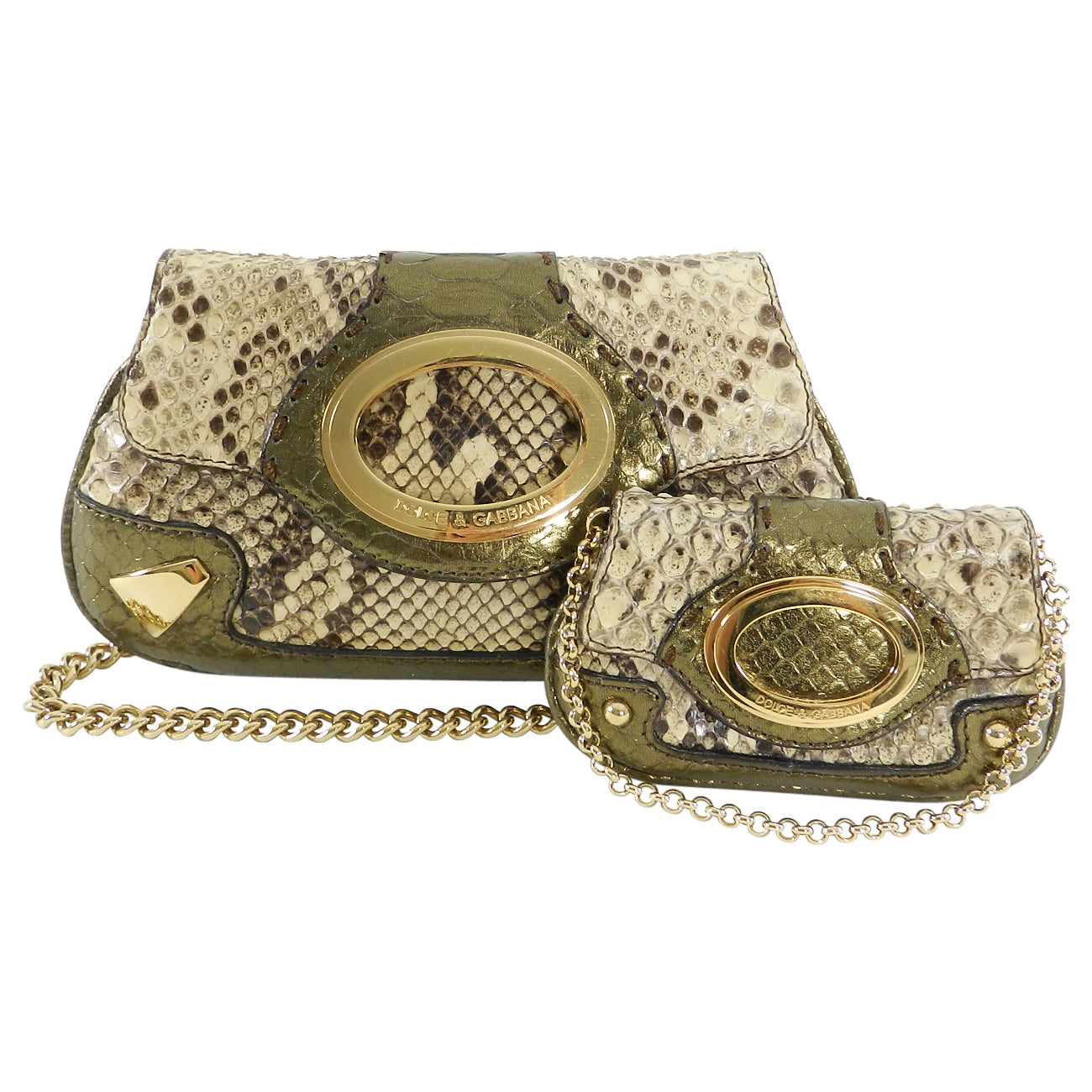 Dolce & Gabbana Luxury Bronze Python Leather Mini Crossbody Bag with Coin Pouch Set - Perfect for Evening Parties, Date Nights & Special Occasions
