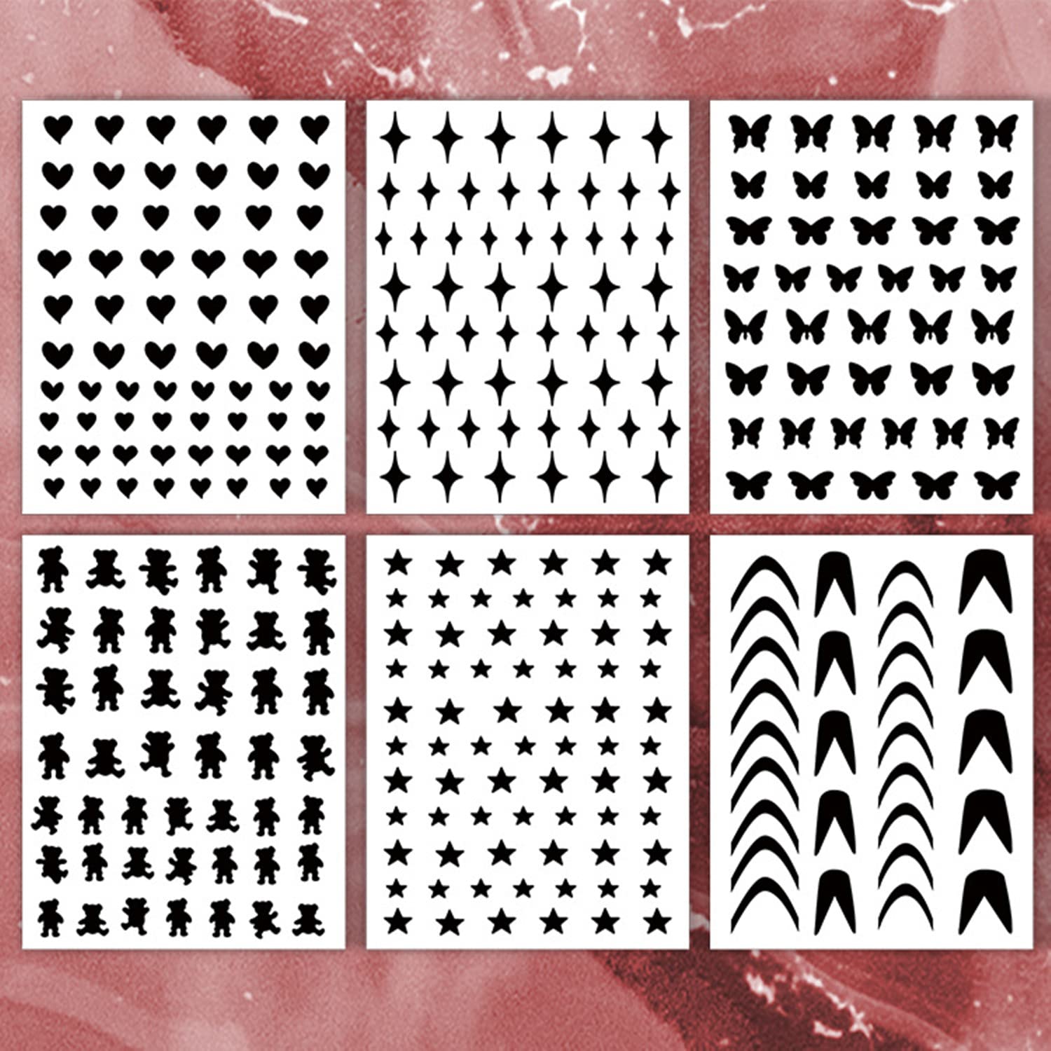 CXUEMH 12 Sheets Reusable DIY Nail Stencils - Hollow Vinyl Stickers for Nail Art Designs (Stars, Bears, Butterfly, French Tips) - Professional Nail Decorations for Manicure & Salon Use - Perfect for Home DIY, Nail Parties & Professional Nail Artists (Black)