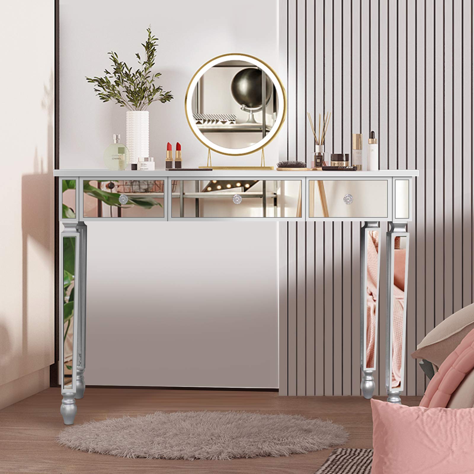 Elegant Mirrored Console Table - 3-Drawer Vanity Desk with Crystal Knobs for Home Office & Makeup | Modern Writing Desk & Media Console for Women | Perfect for Bedroom, Living Room & Dressing Area
