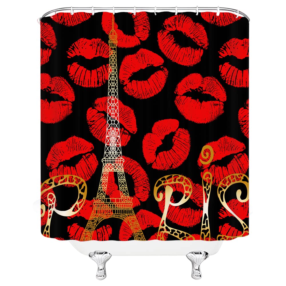 Red Lips Shower Curtain with Eiffel Tower Silhouette - Romantic Paris Theme Bathroom Decor for Women, 70x70 Inch Black Background Polyester Curtain with Hooks - Perfect for Modern Bathrooms, Girls' Rooms & French-Inspired Home Decor