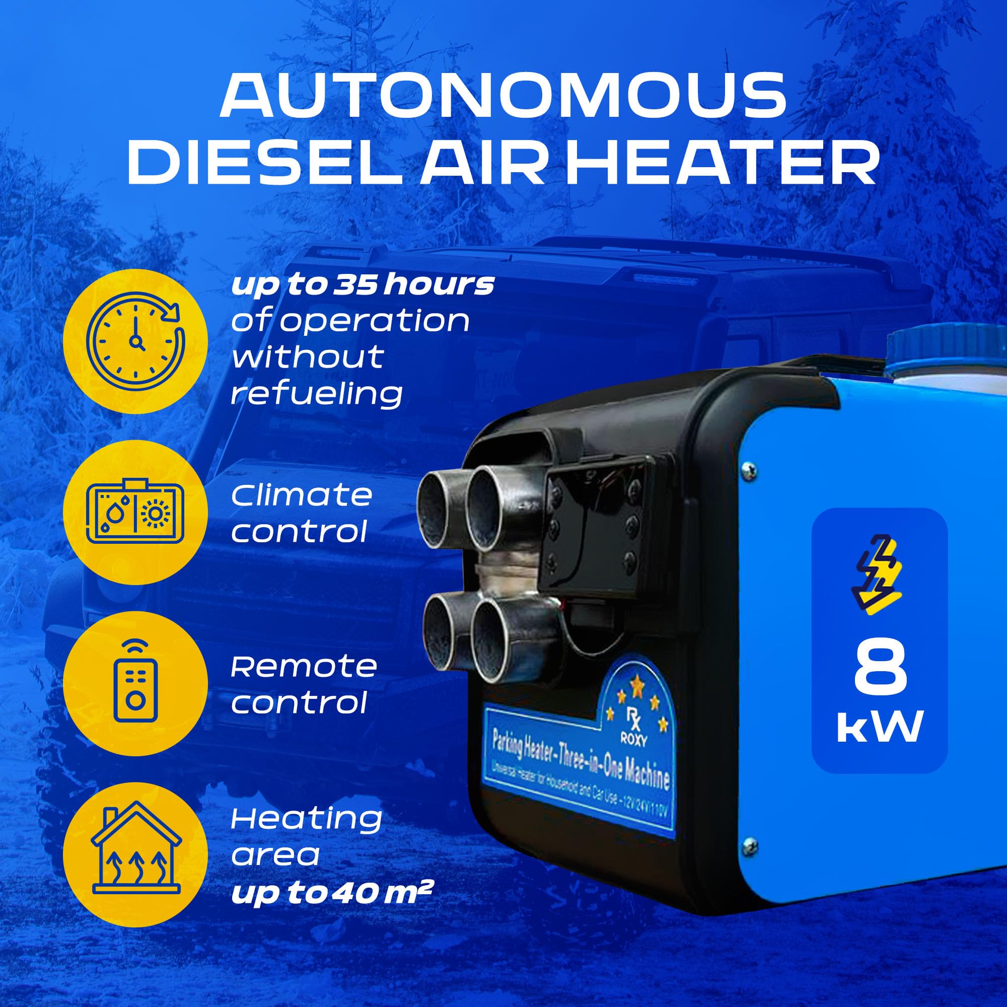 8kW Portable Diesel Heater - 12V/24V/220V Multi-Voltage with 5L Fuel Tank, LCD Screen & Remote Control (-40°F to +176°F) - Perfect for RV Heating, Truck Cab Warmth, Camper & Trailer Climate Control | Blue