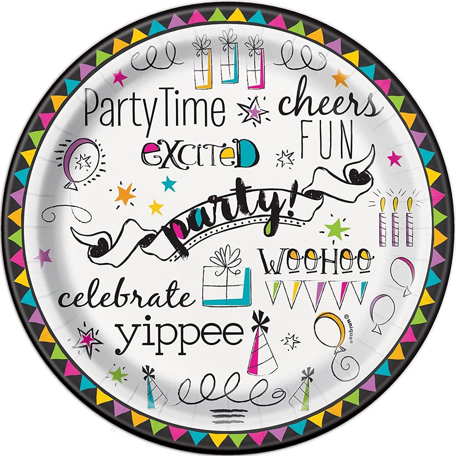 Doodle Happy Birthday Party Plates (Pack of 8) - Colorful Disposable Paper Plates for Kids Birthday, Baby Shower & Celebration - Perfect for Cake, Snacks & Desserts