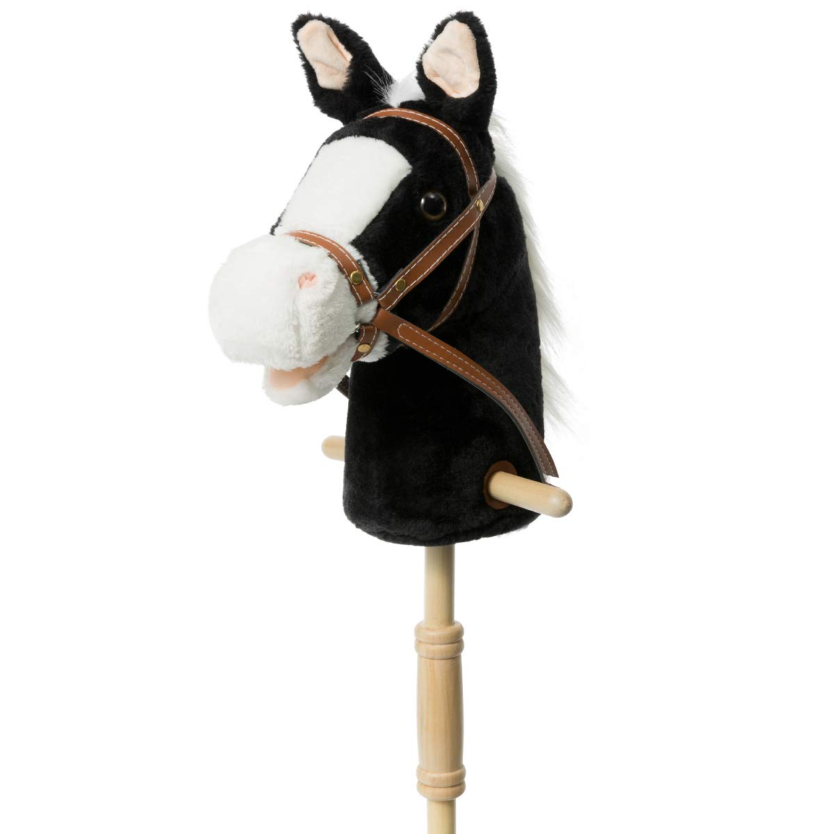HollyHOME Stick Horse Plush Handmade Hobby Horse Toy with Wooden Wheels - Realistic Neighing & Galloping Sounds for Kids & Toddlers - 36 Inch Black Riding Stick Pony (AA Batteries Required) - Perfect for Imaginative Play, Birthday Gifts & Outdoor Activities