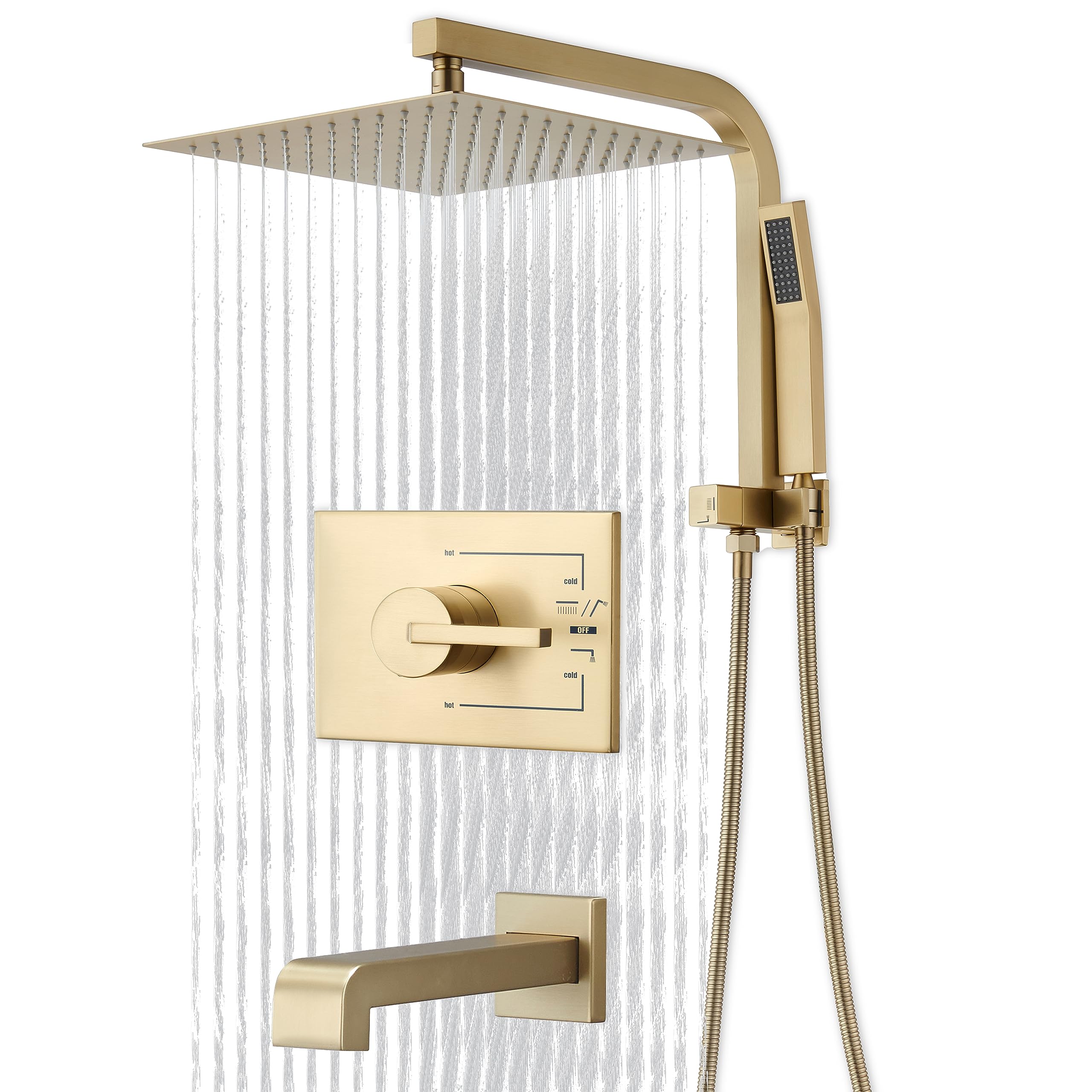 Premium Brushed Gold Shower Fixture Set - 12 Inch Rain Shower Head with Handheld Spray Combo & Tub Spout - Complete Shower System with Durable Valve - Perfect for Luxury Bathroom Renovations & Spa-Like Shower Experience