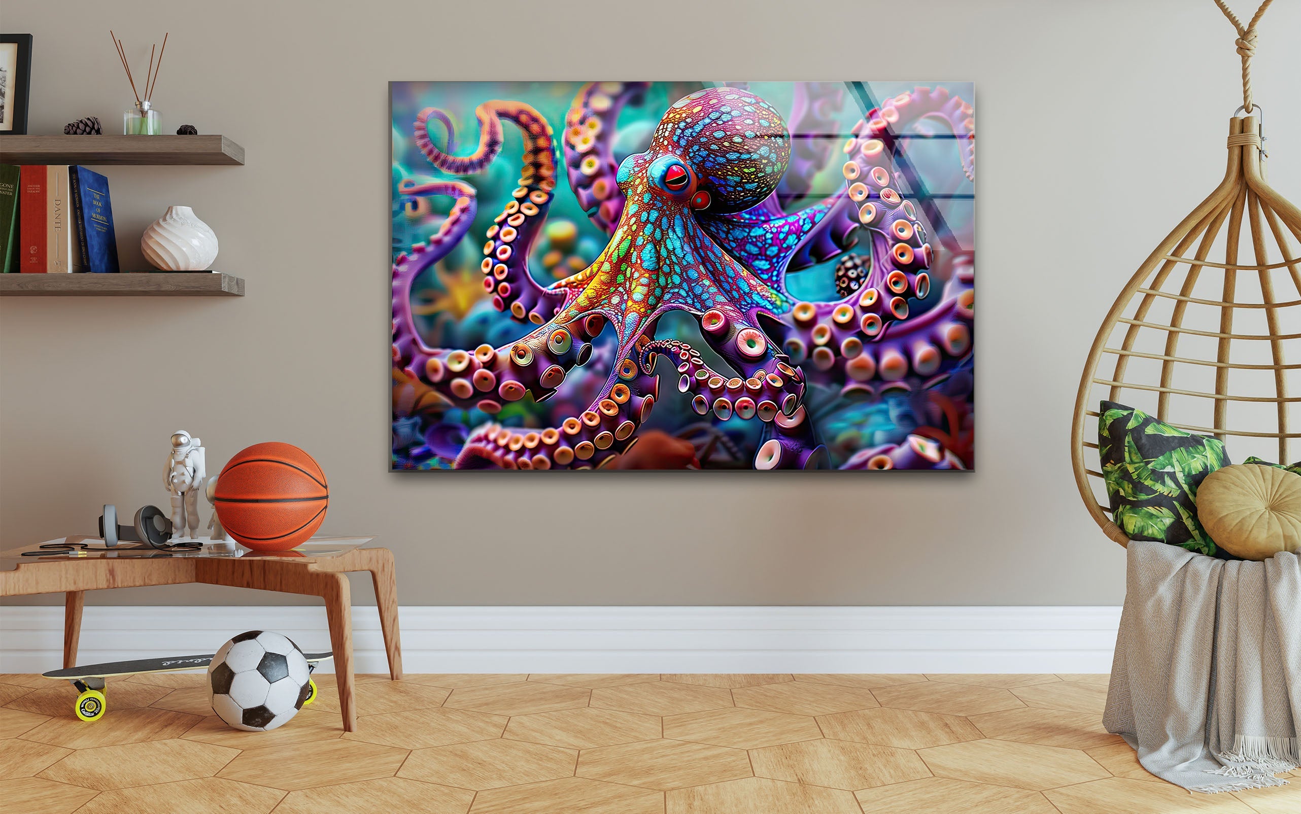 Vibrant Octopus Glass Wall Art - Handmade Sea Creature Decor for Living Room, Bedroom, or Office - Perfect Coastal & Nautical Themed Home Decor