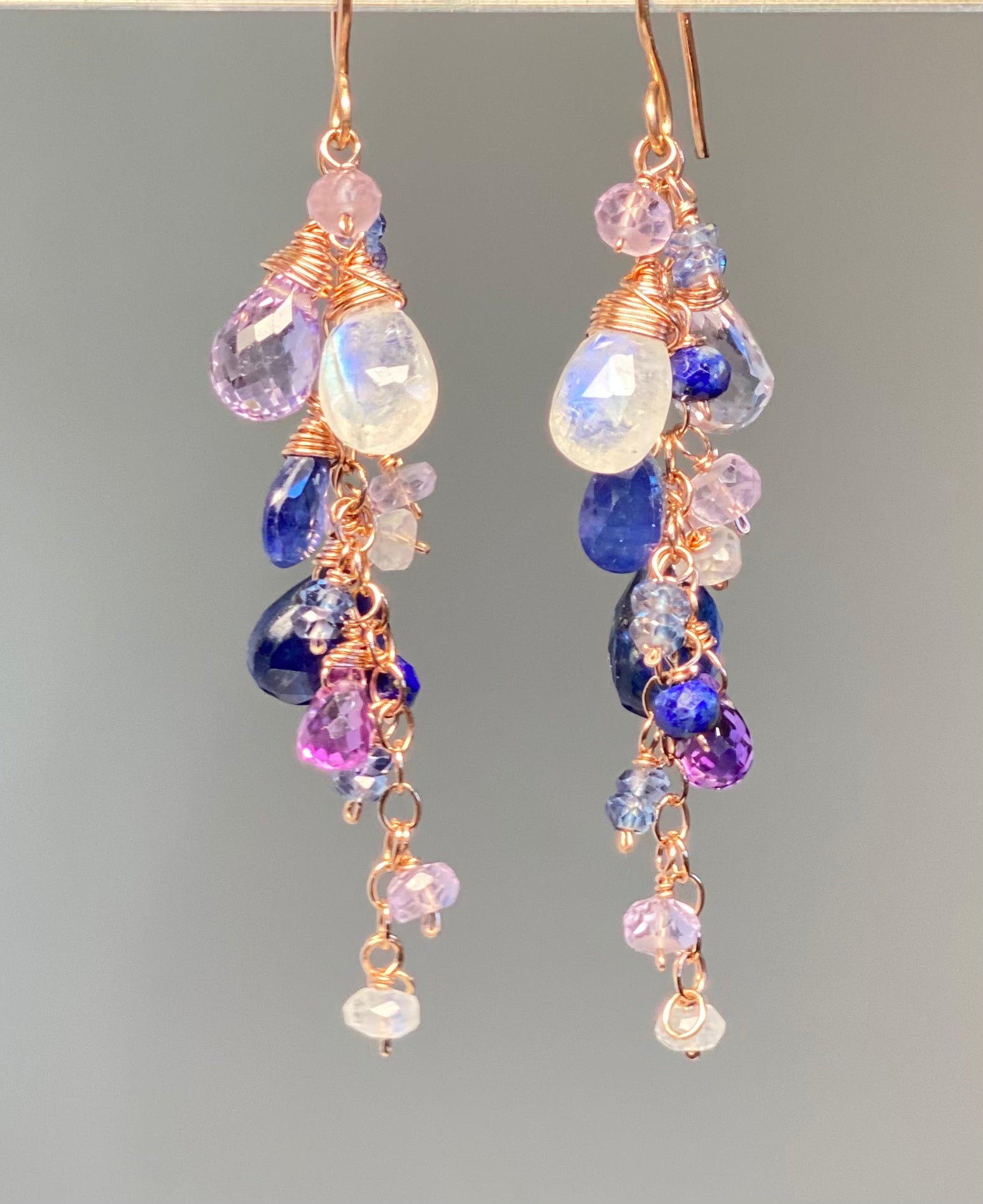 Blue Violet Rose Gold Dangle Earrings with Moonstone, Kyanite, Amethyst & Violet Quartz Gemstones – Elegant Boho Jewelry for Women, Perfect for Weddings, Parties & Everyday Wear