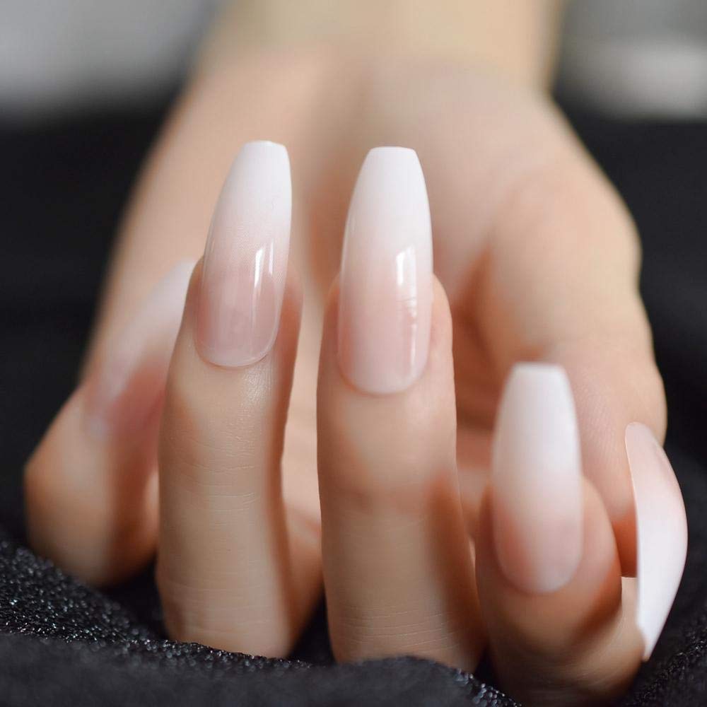 24Pcs Extra Long Ballerina Press On Nails - French Tip White Gradient Coffin False Nails with Adhesive Tabs | Natural Look for Parties, Weddings & Special Occasions