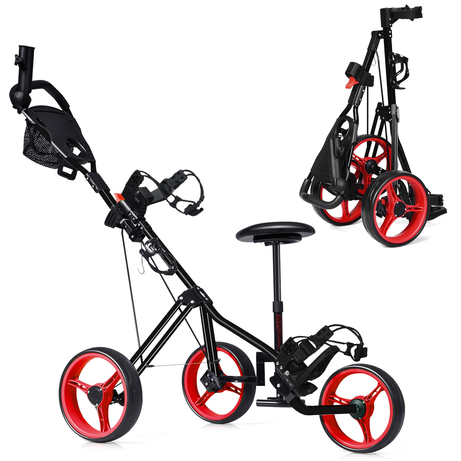 **Tangkula 3-Wheel Golf Push Pull Cart with Seat - Lightweight Foldable Golf Trolley with Foot Brake, Adjustable Umbrella Holder & 4 Height Positions | Perfect for Golf Courses, Driving Ranges & Outdoor Practice**