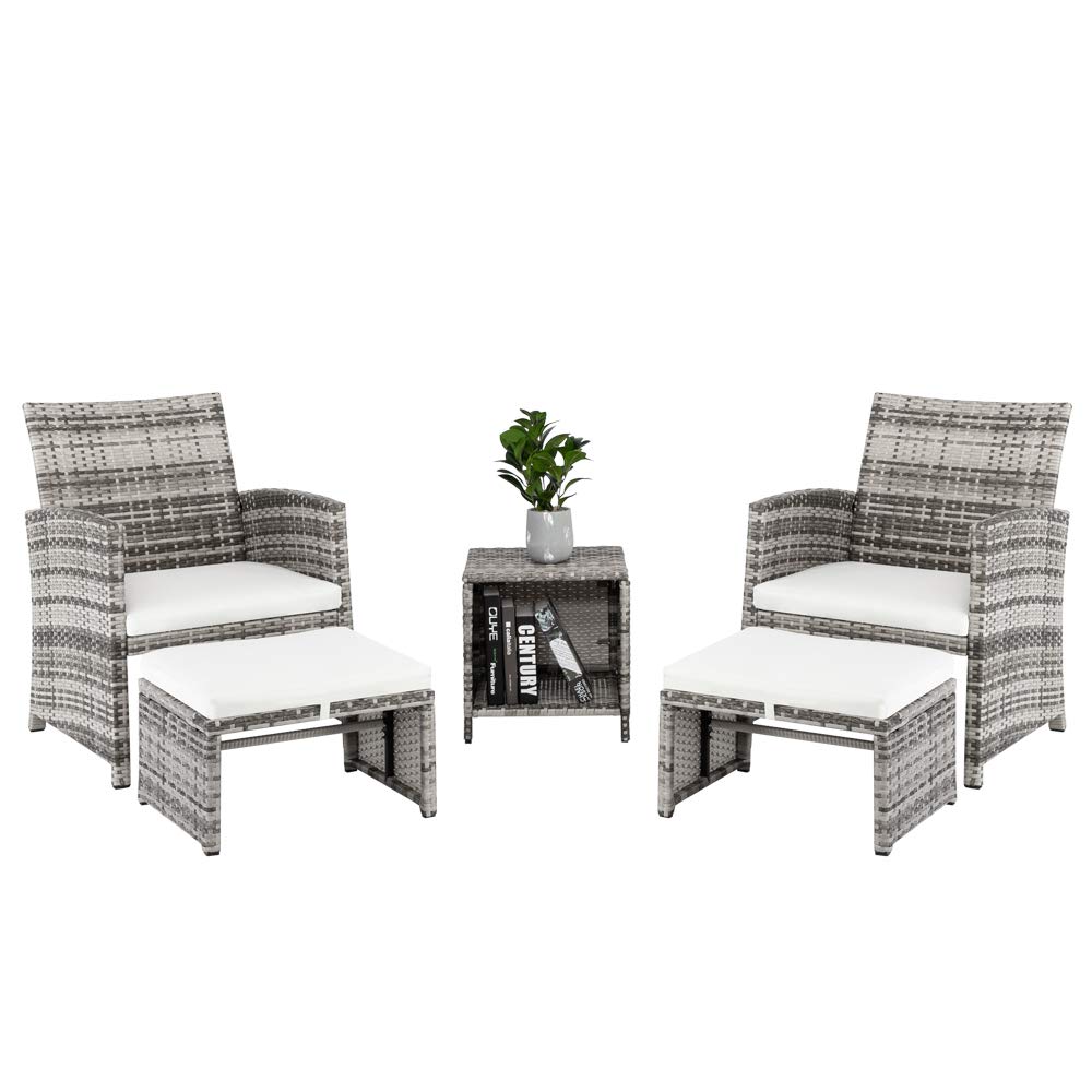 5-Piece Wicker Patio Furniture Set with Chairs, Ottomans & Table - Gray Gradient & White Rattan Outdoor Conversation Set for Balcony, Porch, Deck - Perfect for Backyard Relaxation and Outdoor Entertaining