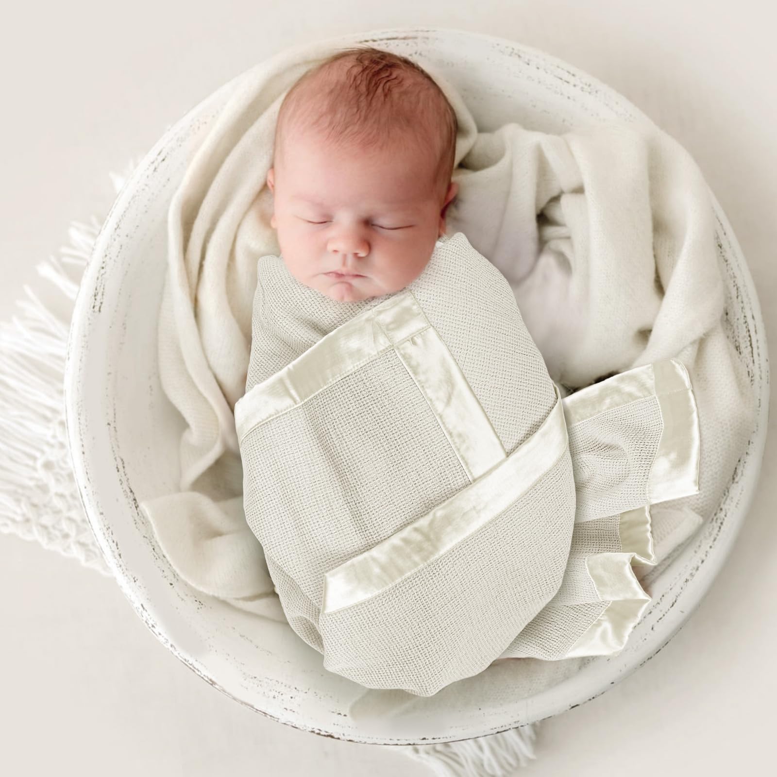Soft Cotton Waffle Baby Swaddle Blanket with Satin Trim - Breathable Nursing Cover & Crib Blanket for Newborns & Toddlers - Perfect for Naptime, Swaddling & Baby Shower Gifts (Cream)