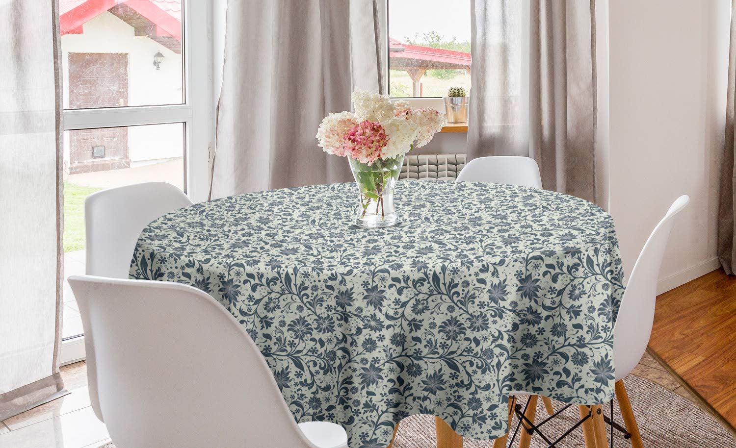 Ambesonne Abstract Floral Round Tablecloth - 60 Inch Botanical Garden Design in Beige & Slate Blue for Dining Room & Kitchen Decor | Perfect for Indoor Outdoor Parties, Picnics, and Romantic Dinners