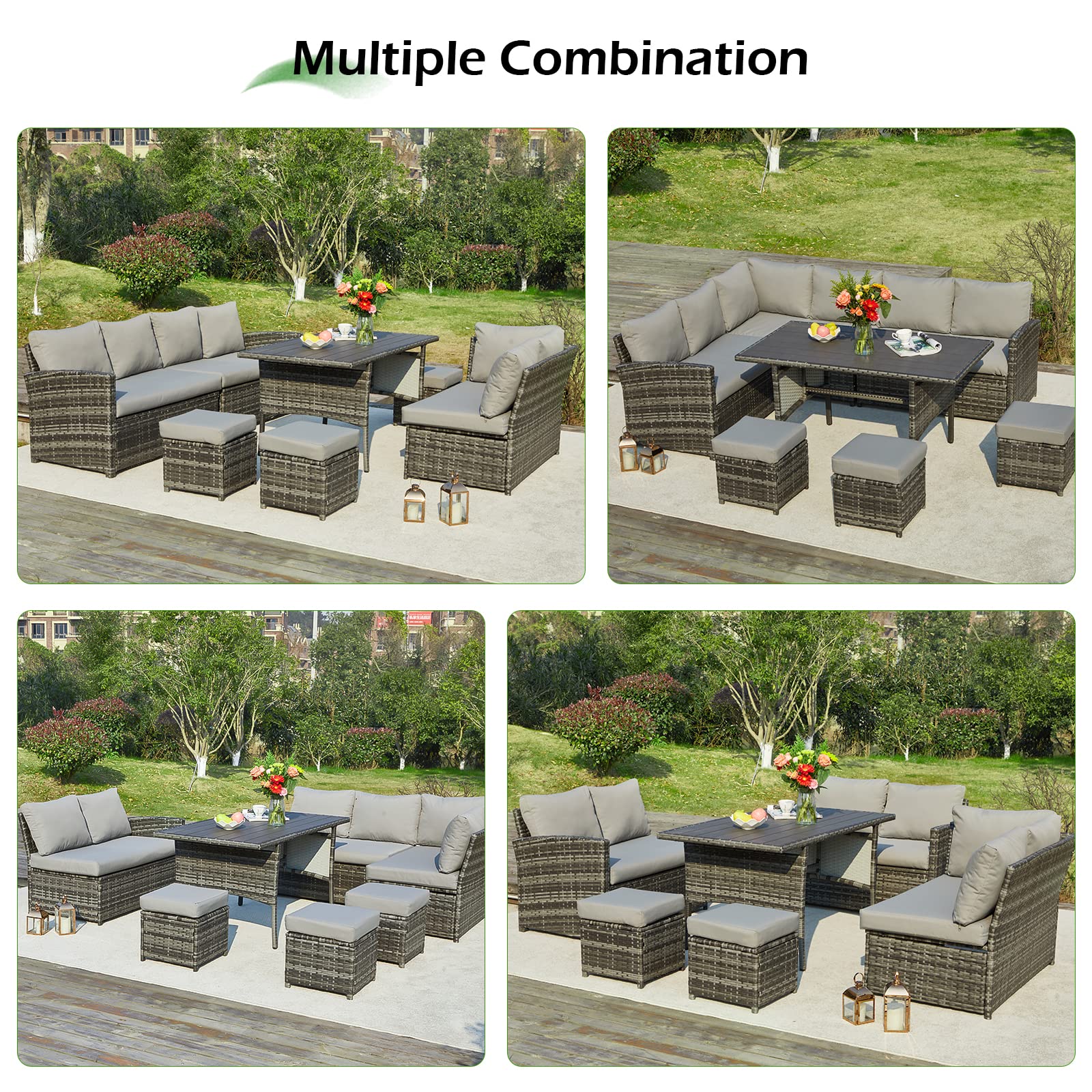 AECOJOY 7-Piece Outdoor Patio Furniture Set - All-Weather Wicker Dining Table & Chairs with Ottoman - Grey Rattan & Cushions for Backyard, Garden, Poolside or Deck Relaxation