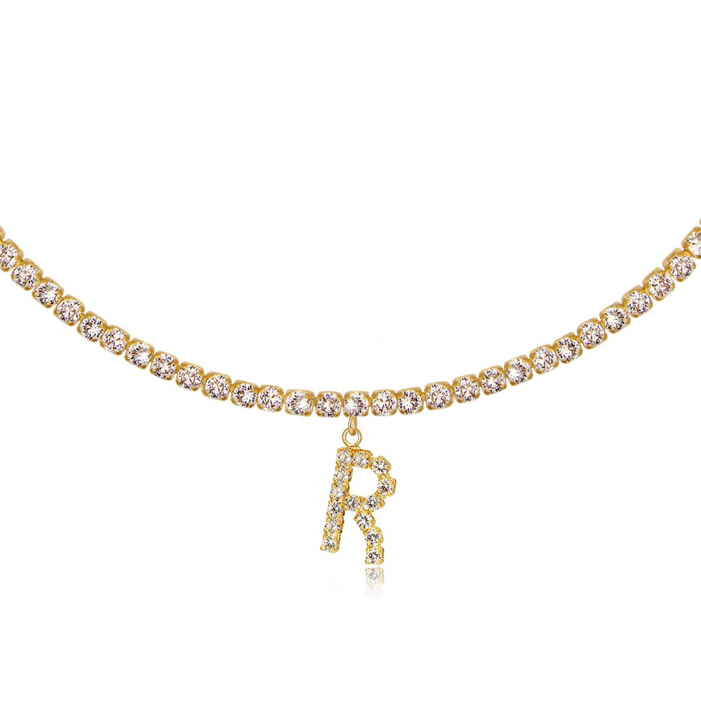 14K Gold Plated Letter Necklace - Personalized Initial Choker with Iced CZ Diamonds | Women's Tennis Chain Jewelry for Everyday Wear, Date Nights & Special Occasions