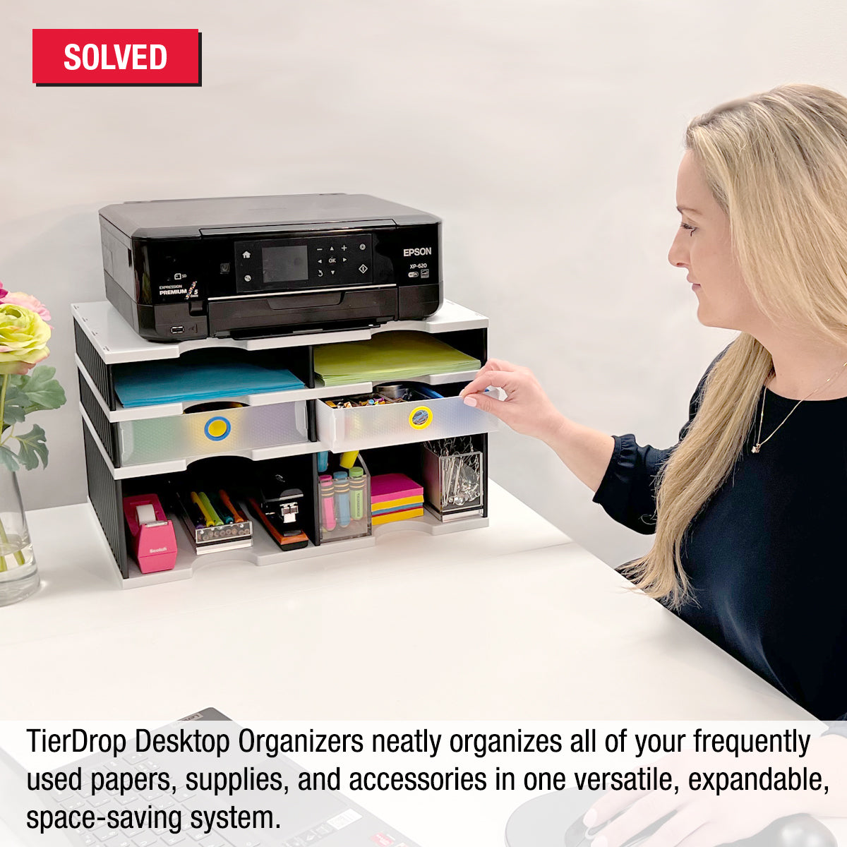 4-Tier Desktop Organizer with Letter Trays, Riser Storage & Drawers - Modular File Sorter for Documents, Office Supplies | Compact Workspace Solution for Home & Office Organization