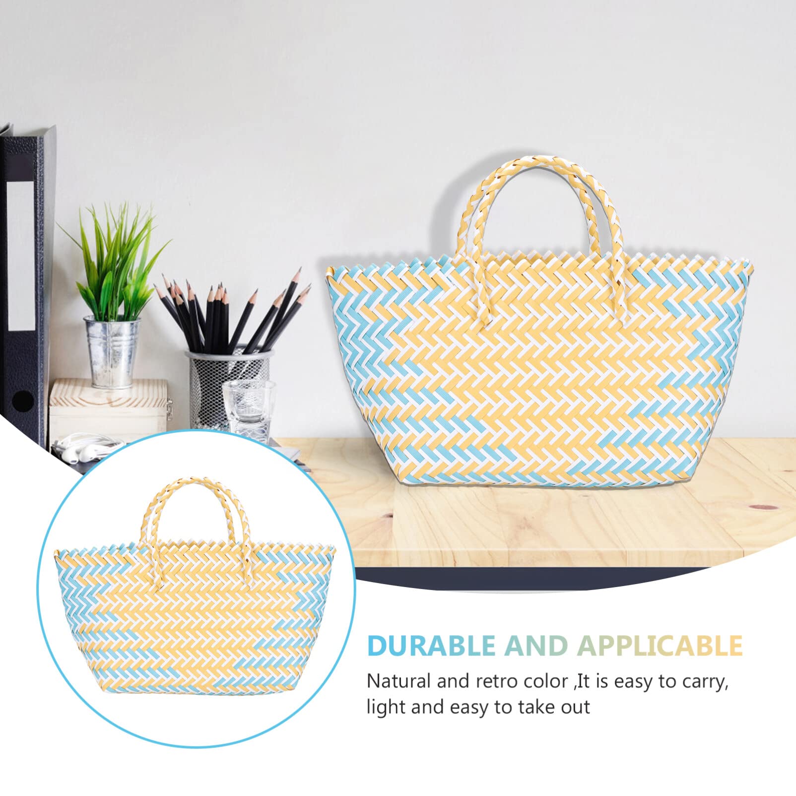 Handmade Moroccan Market Basket - Large Capacity French Wicker Straw Beach Bag for Women, Kids & Baby Toys - Perfect for Shopping, Laundry, Picnics & Beach Outings (Blue & Yellow)
