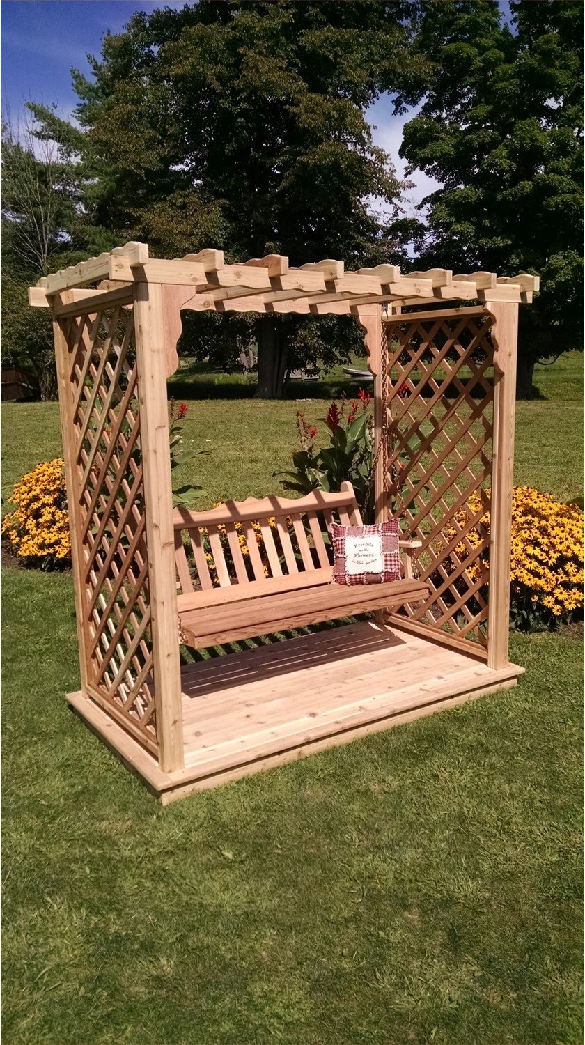 Amish Handcrafted Cedar Wood Covington Arbor with Deck & Swing - Rustic Outdoor Garden Structure for Backyard, Patio, and Wedding Decor