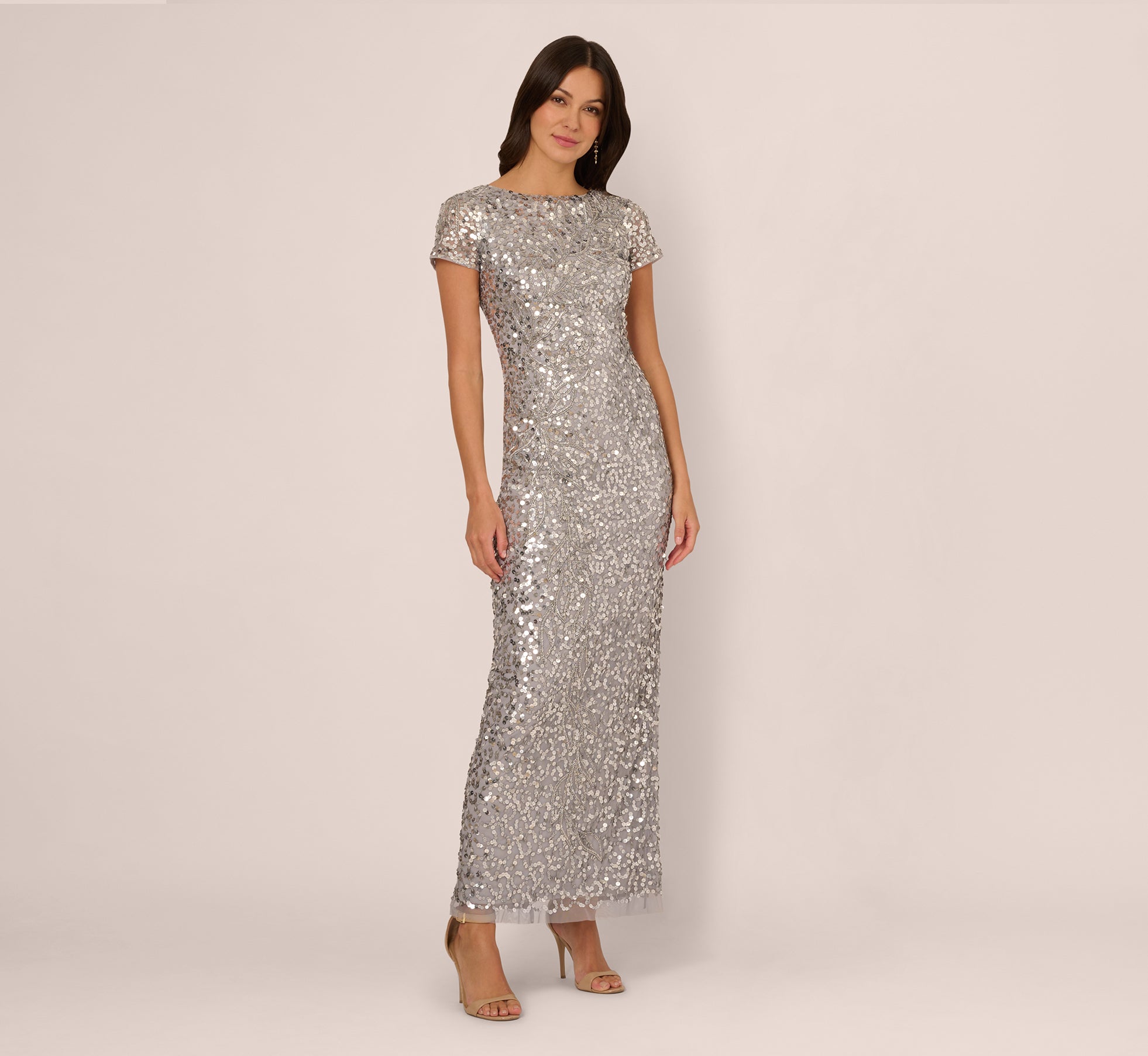 Elegant Silver Mist Short Sleeve Bead and Sequin Gown - Perfect for Evening Parties, Prom Dresses & Special Occasions