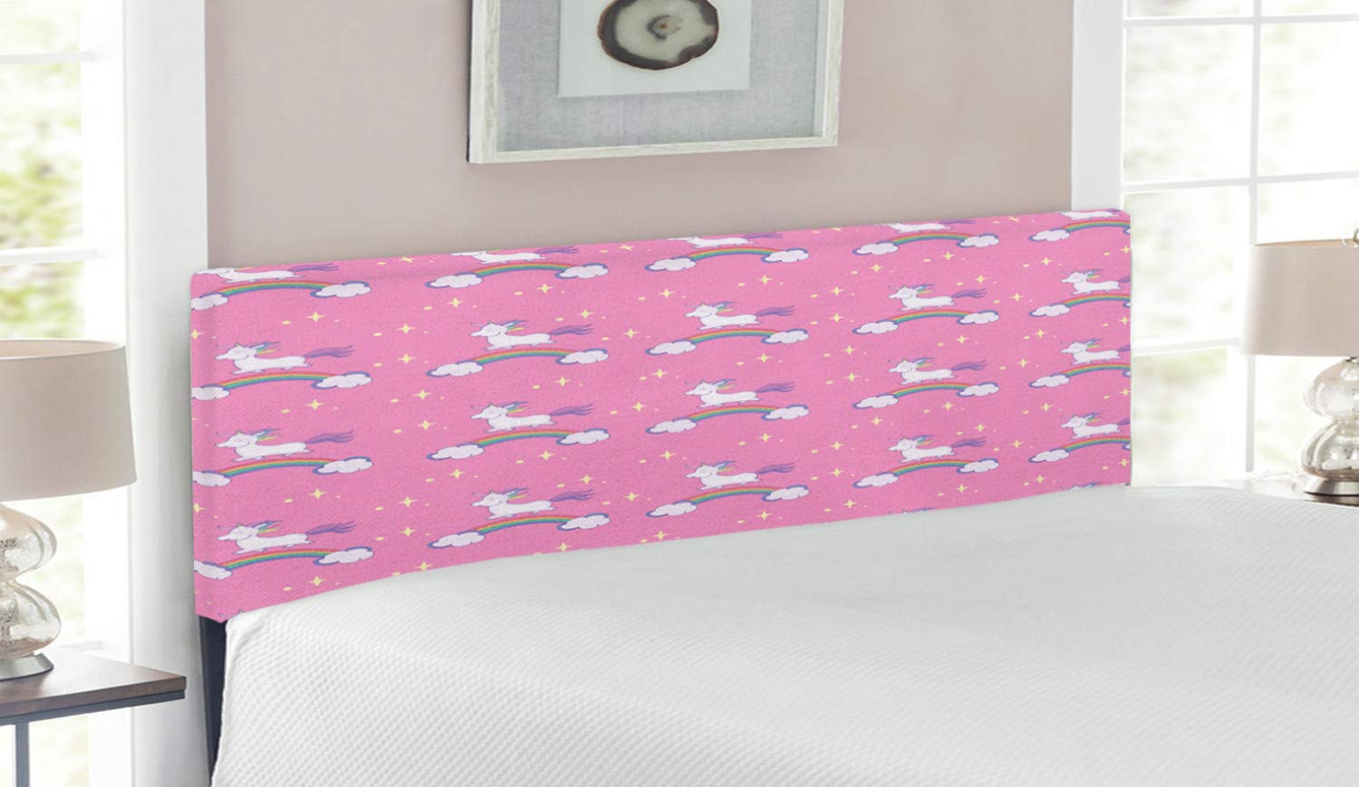 Lunarable Unicorn Headboard - Purple Queen Size Upholstered Decorative Metal Bed Frame with Memory Foam | Friendly Cartoon Unicorn Design & Friendship Art Print | Perfect for Kids' Bedroom, Fantasy Themed Room & Unique Home Decor
