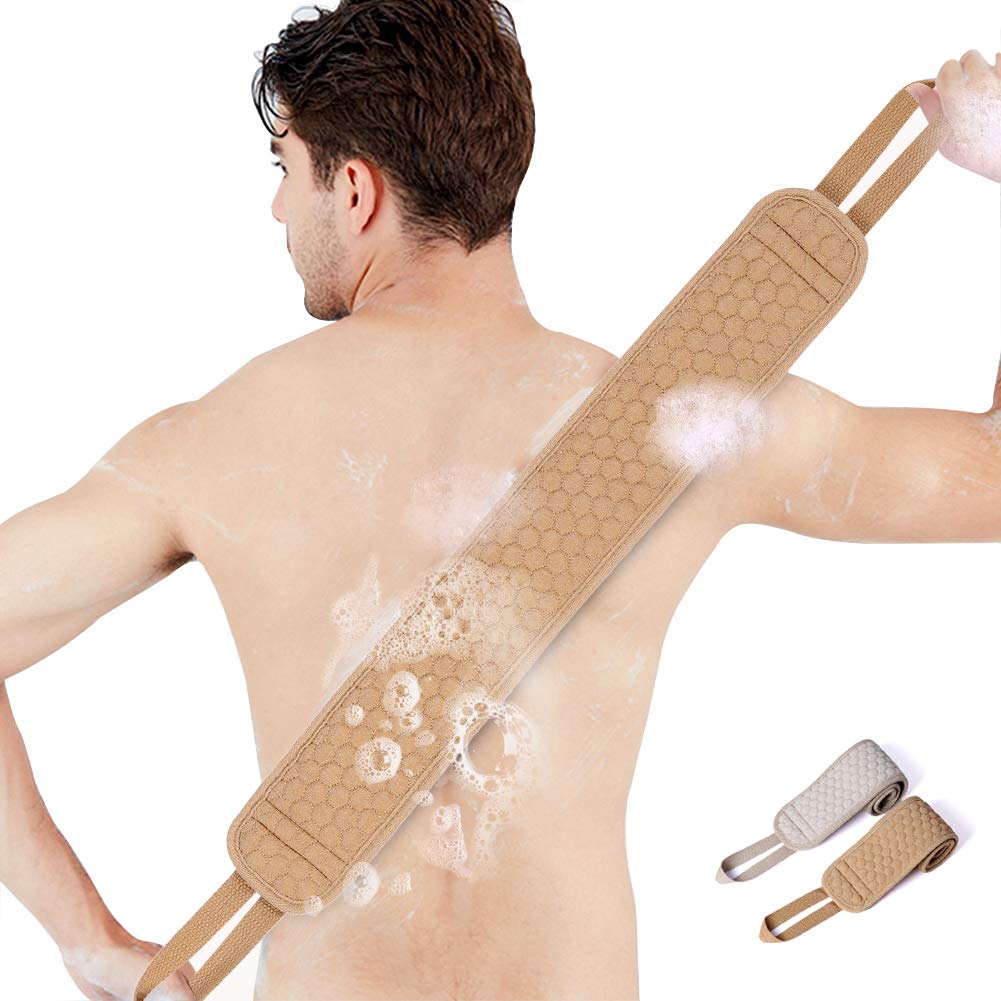 2 Pack Exfoliating Back Scrubber for Shower - Long Handle Bath Brush for Deep Cleansing, Women & Men, 32.6x3.5inch (Brown & Beige) - Perfect for Back Acne, Dead Skin Removal & Spa Relaxation at Home