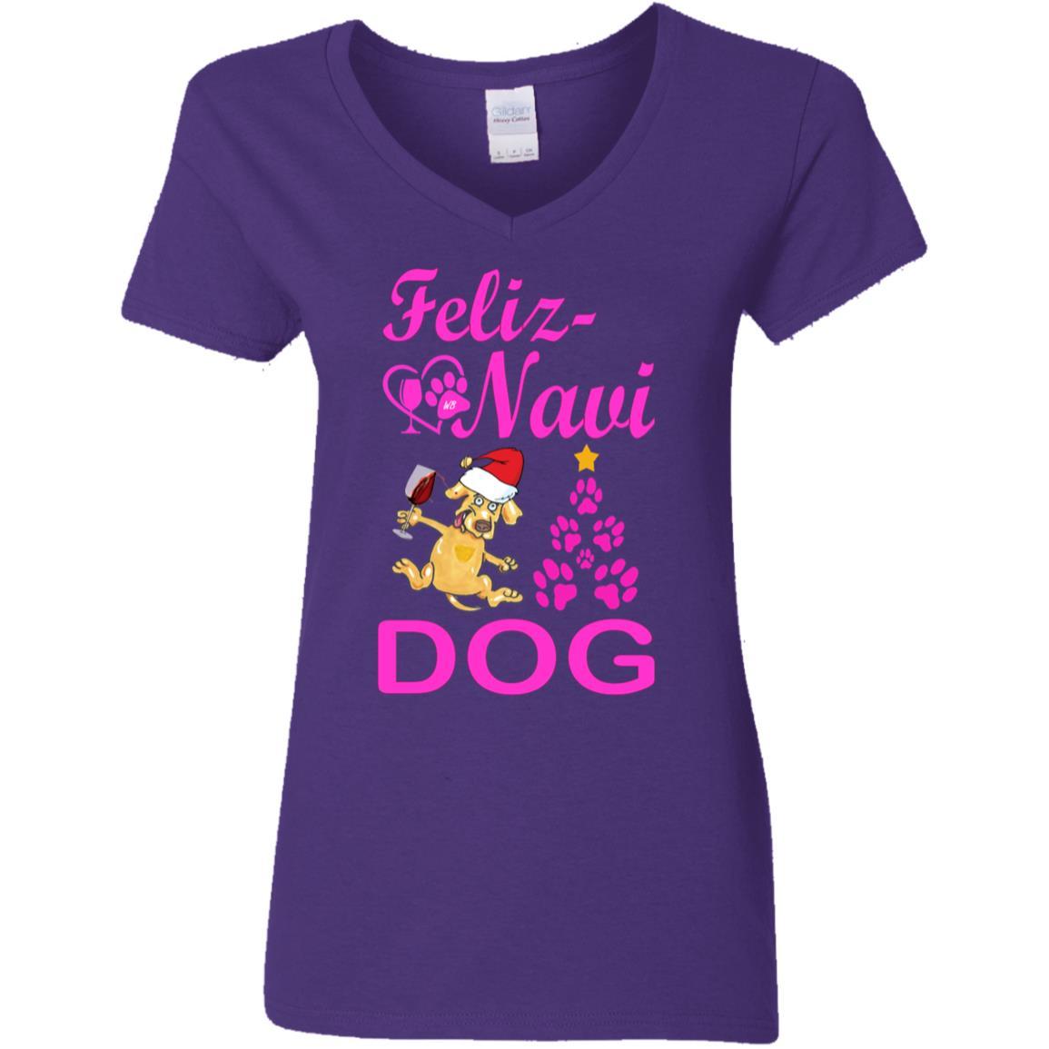 Feliz Navi Dog Ladies' 5.3 oz V-Neck T-Shirt Pink | Funny Christmas Dog Lover Tee | Perfect Gift for Pet Owners & Holiday Parties