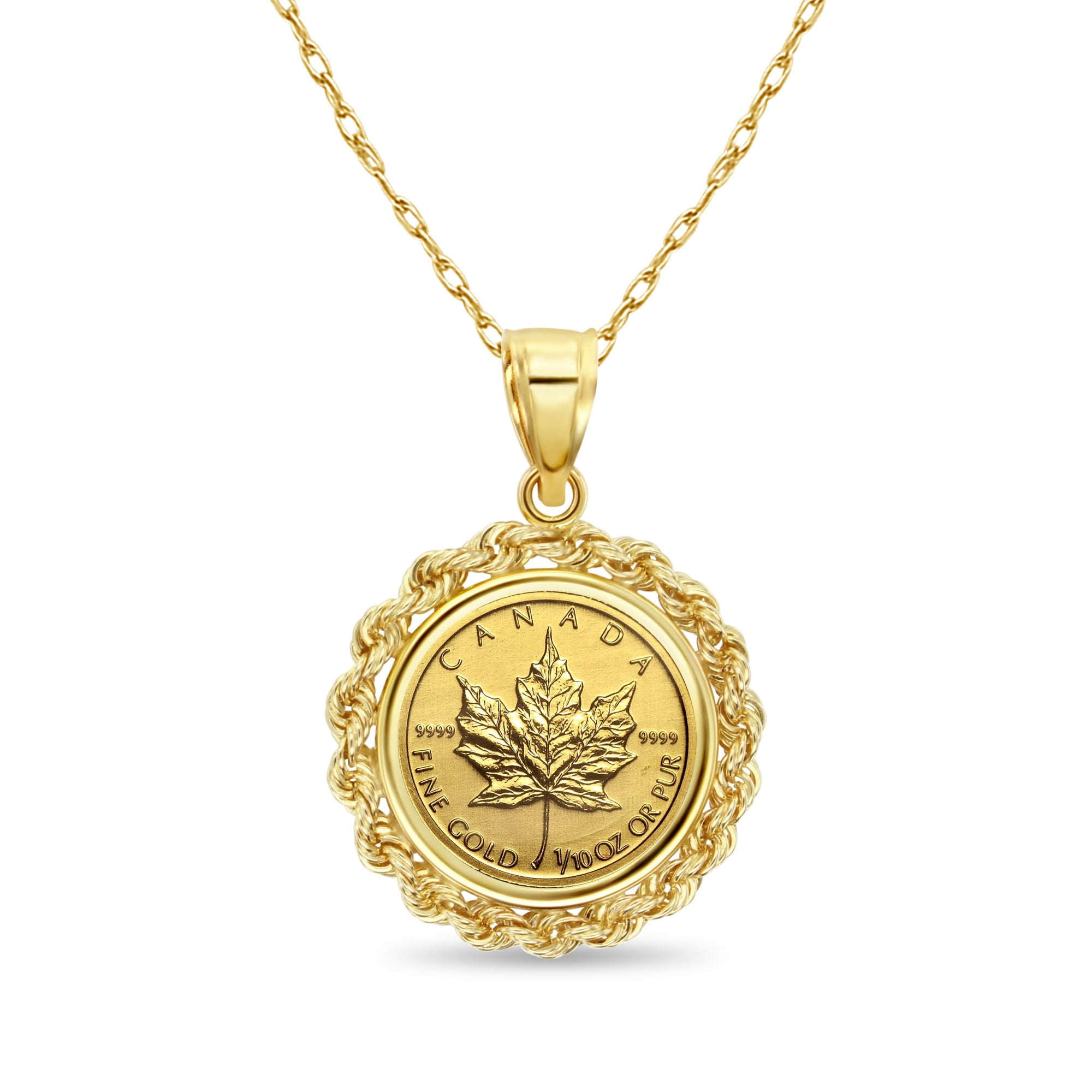 1/10 oz Fine Gold Canadian Maple Leaf Coin Necklace with Rope Bezel - Elegant Jewelry Gift for Women, Perfect for Weddings, Anniversaries & Special Occasions