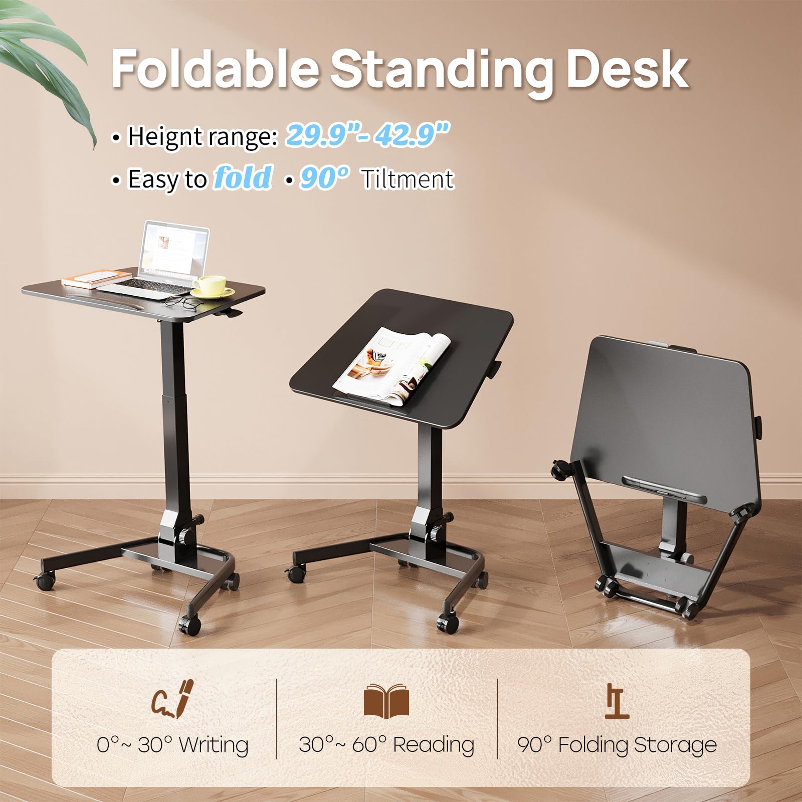 Adjustable Height Foldable Standing Desk with Wheels - Portable Sit Stand Workstation for Home Office, 90° Tiltable Laptop Desk, Ergonomic Mobile Desk for Small Spaces (Ideal for Remote Work, Study & Gaming)