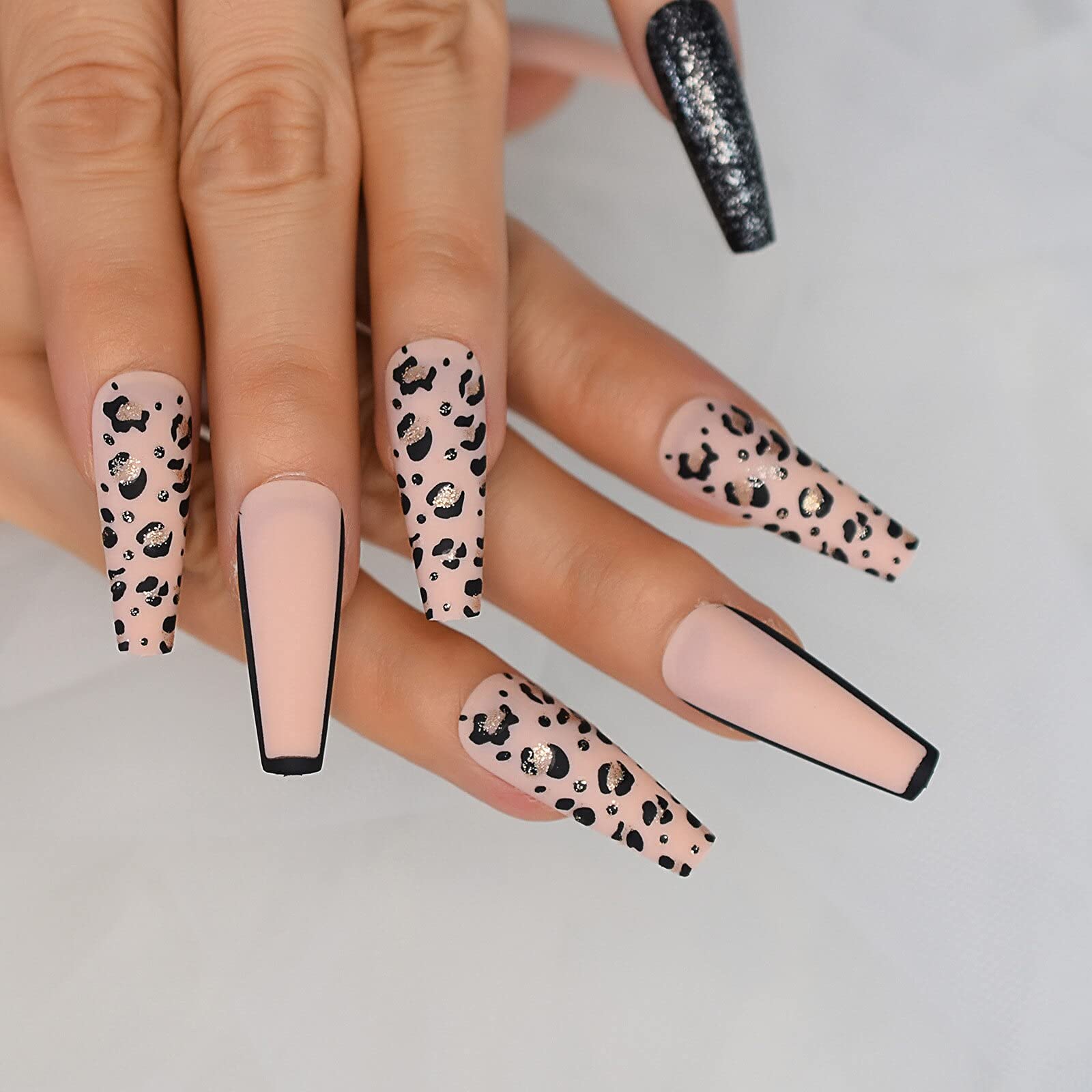 Extra Long Beige Press On Nails with Leopard Matte Design - Full Cover Acrylic False Nails with Glitter Tips for Manicure | Perfect for Parties, Weddings & Special Occasions