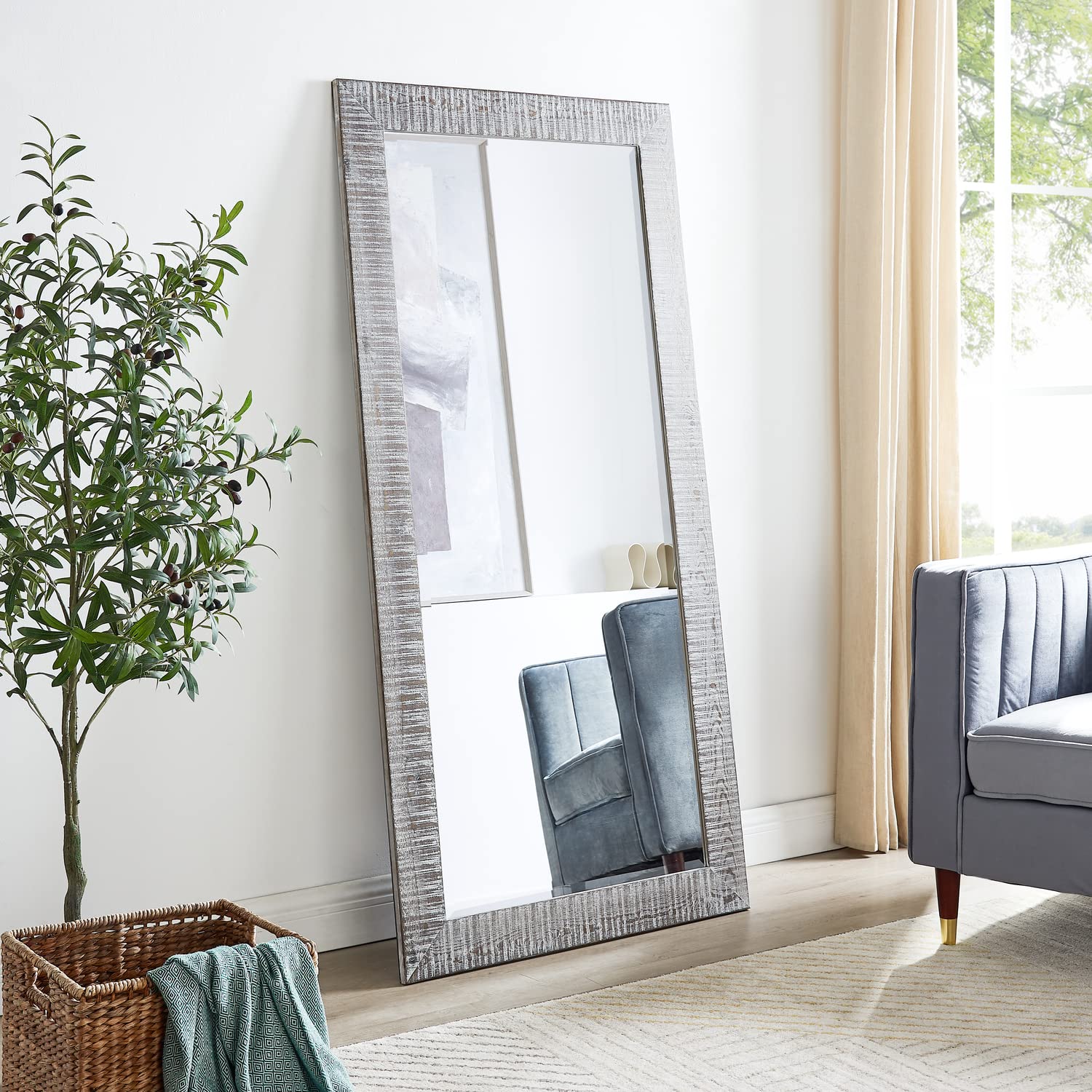 Naomi Home Antique Gray Wooden Floor Mirror - Rustic Farmhouse Full Length Mirror with Real Wood Frame, Rectangular Hanging Wall Decor for Bedroom, Living Room & Entryway