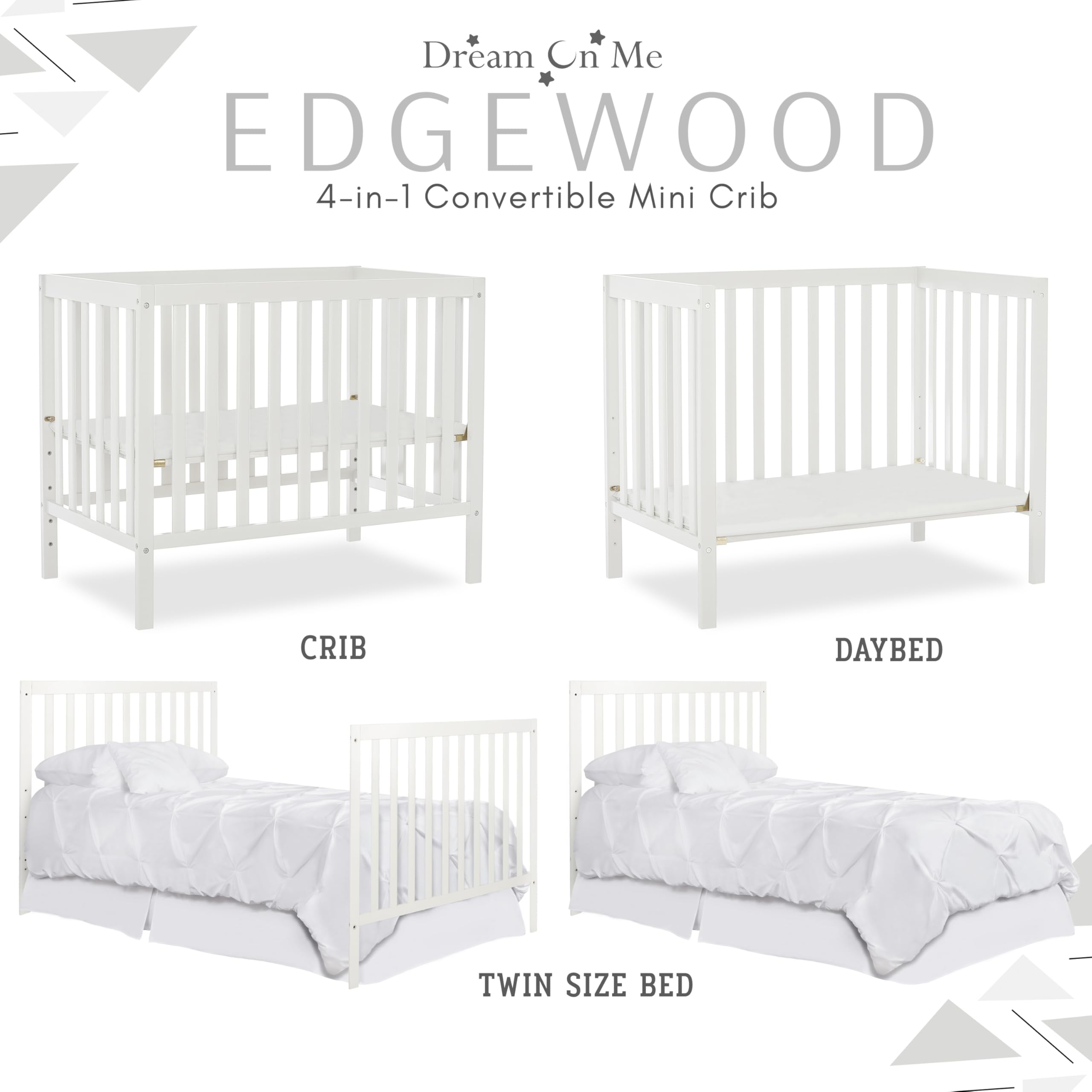 Dream On Me Edgewood 4-in-1 Convertible Mini Crib - White | JPMA Certified, Non-Toxic Finish, New Zealand Pinewood | 3 Adjustable Mattress Heights with 1