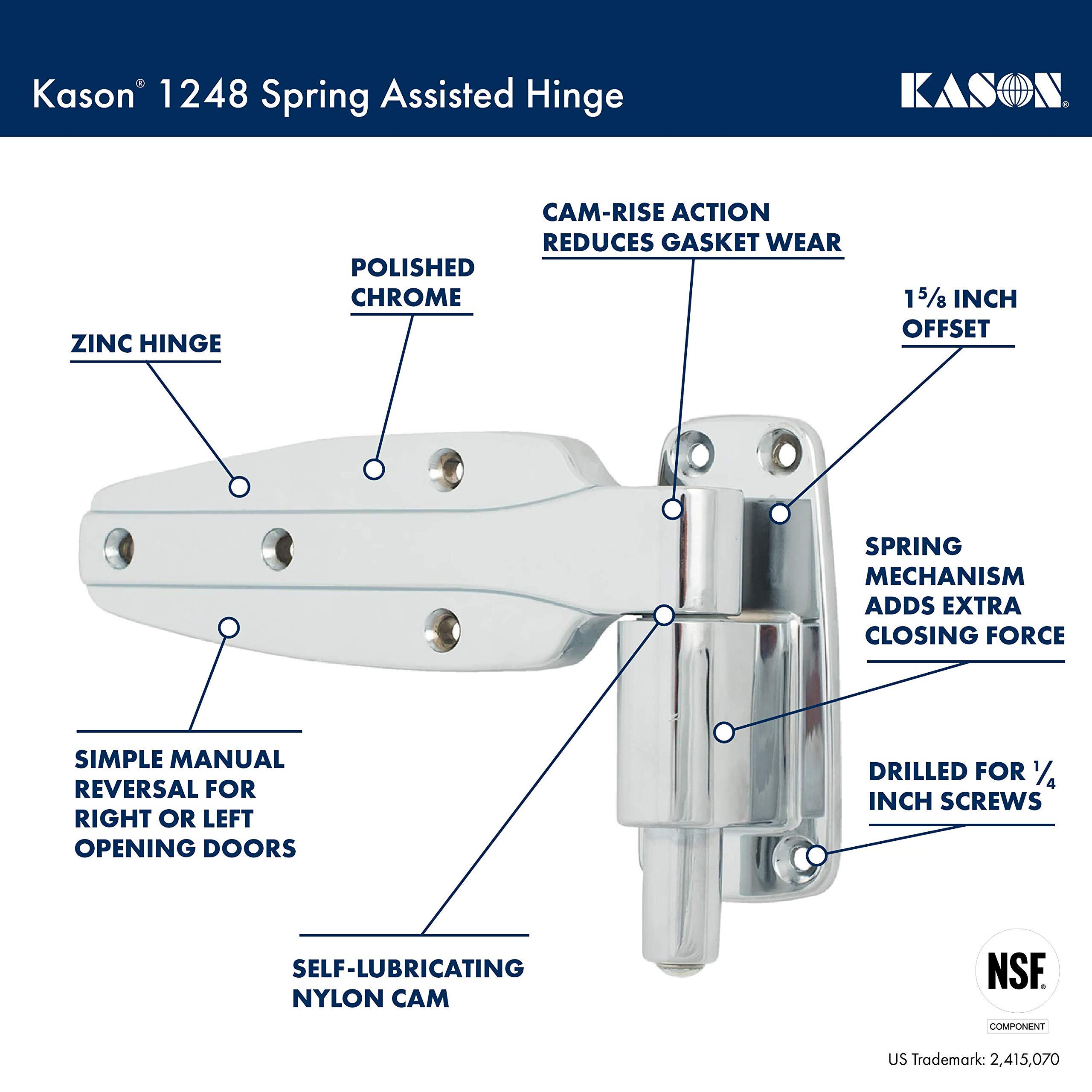Kason 1248 Spring Assisted Hinge - 1-5/8 Inch Offset Cabinet Door Hinge (Model 11248000025) - Perfect for Kitchen Cabinets, Wardrobes & Furniture Installation