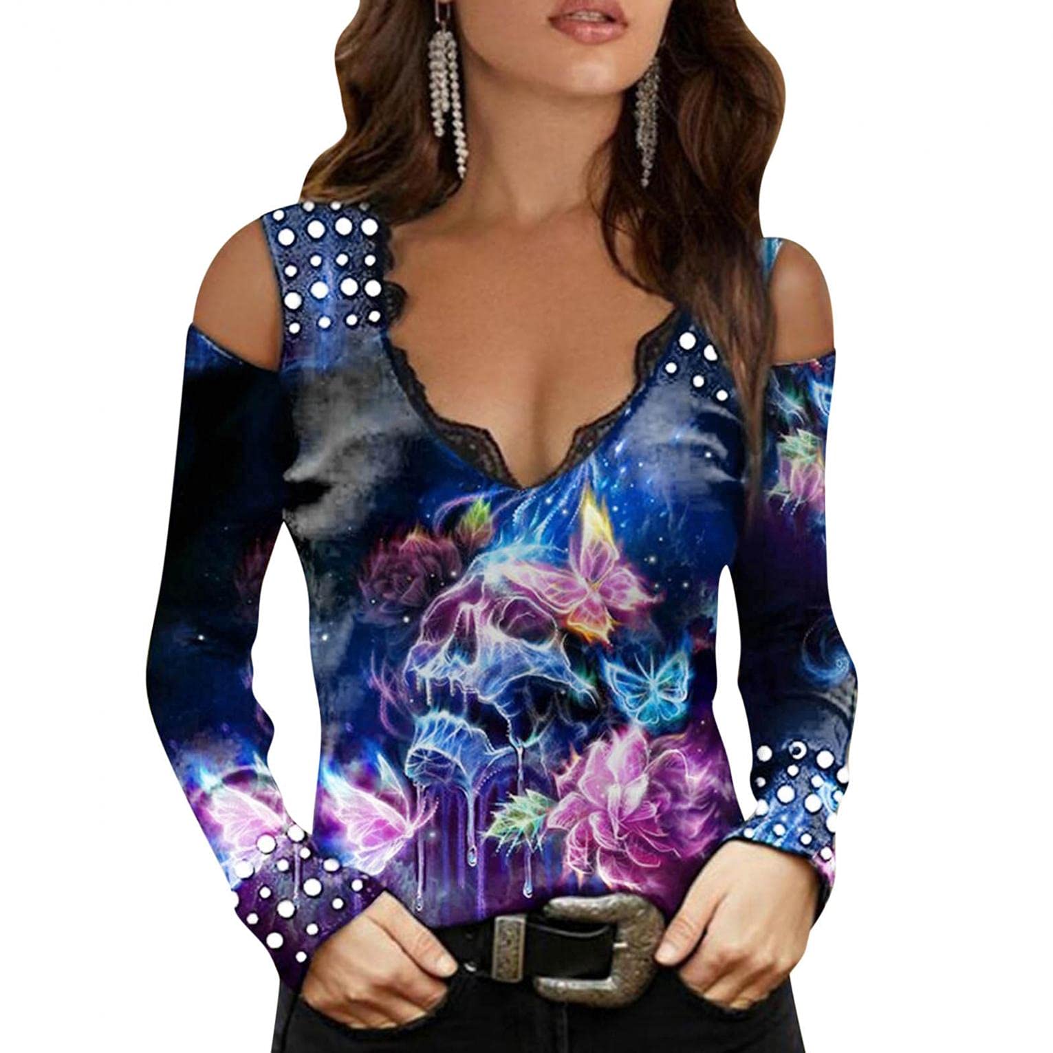 Women's Cold Shoulder Tops with Short Zipper Sleeves - Funny Print Scoop Neck Summer Blouse Shirts | Casual Tunic T-Shirt for Beach, Party & Everyday Wear