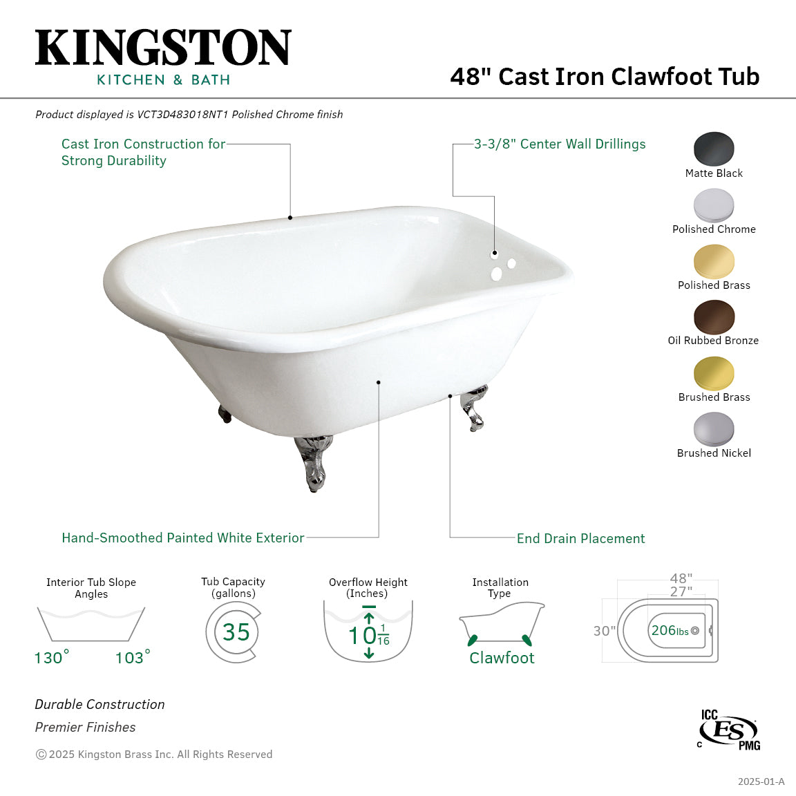 48 Inch White Matte Black Cast Iron Clawfoot Bathtub - Aqua Eden VCT3D483018NT0 Classic Roll Top Tub with 3 3/8 Inch Wall Drillings | Vintage Bathroom Decor, Luxury Spa Experience, Freestanding Soaking Tub for Master Bathrooms