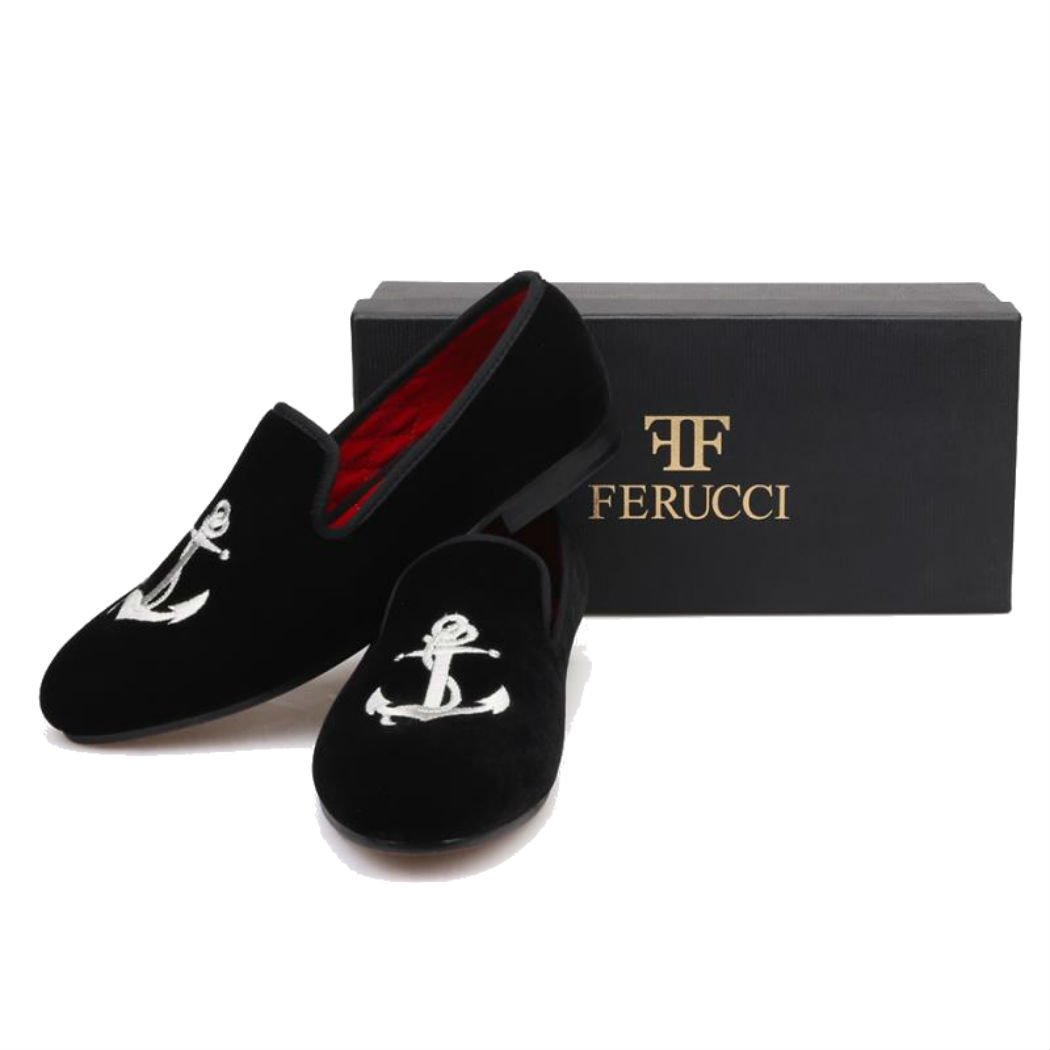 FERUCCI Handmade Men's Black Velvet Slippers - Comfortable Loafers with Silver Anchor Design for Indoor/Outdoor Wear, Perfect for Home, Office and Casual Occasions