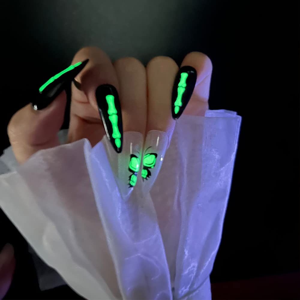 Glow in The Dark Halloween Nail Art Stickers - 3D Self-Adhesive Nail Decals for Halloween Party, Candlelight Events & Costume Makeup (6 Sheets) - Spooky Butterfly & Joint Designs for Nail Decorations