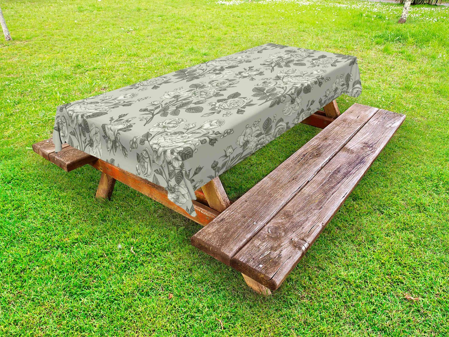 Ambesonne Grey Outdoor Tablecloth - Tree Leaves Sketch Japanese Nature Inspired Art Print, Washable Picnic Table Cover 58