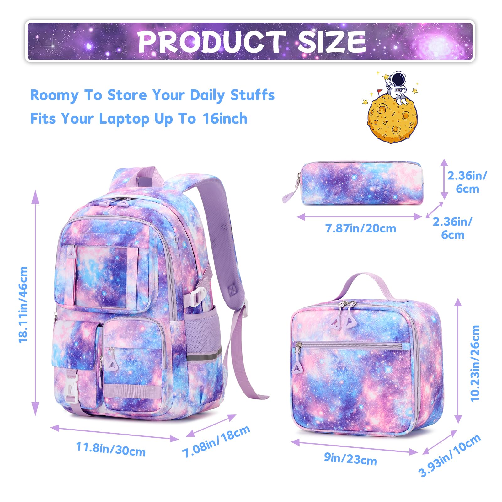 3-Piece Girls Backpack Set with Lunch Box - Cute Kawaii School Book Bag for Elementary & Middle School Students - Ita Backpack Galaxy Print - Perfect for School, Travel & Daily Use