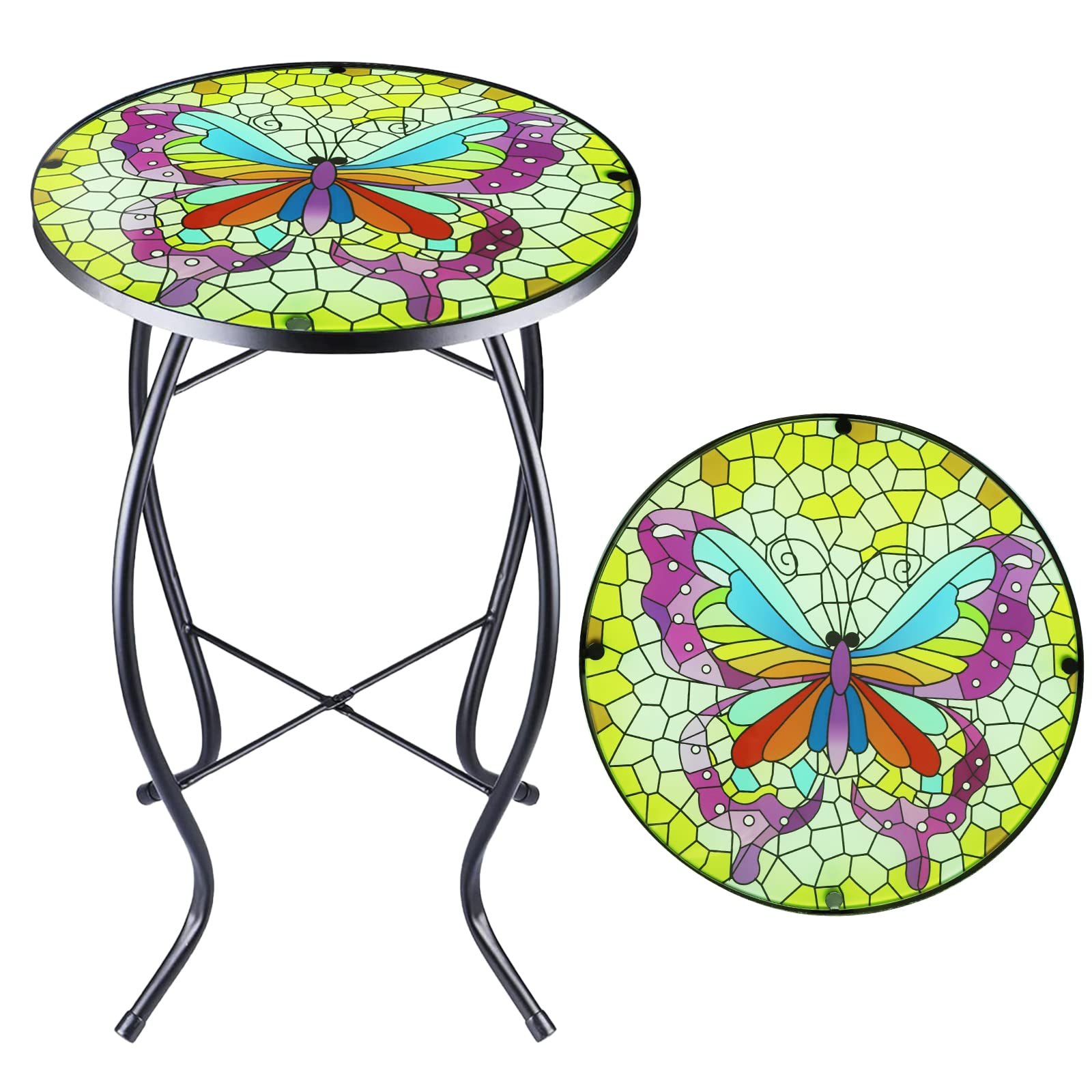 14 Inch Colorful Butterfly Glass Mosaic Round Side Table - Outdoor Patio & Indoor Coffee Table for Living Room, Balcony, Garden - Perfect for Tea Time, Plant Display & Relaxing Moments