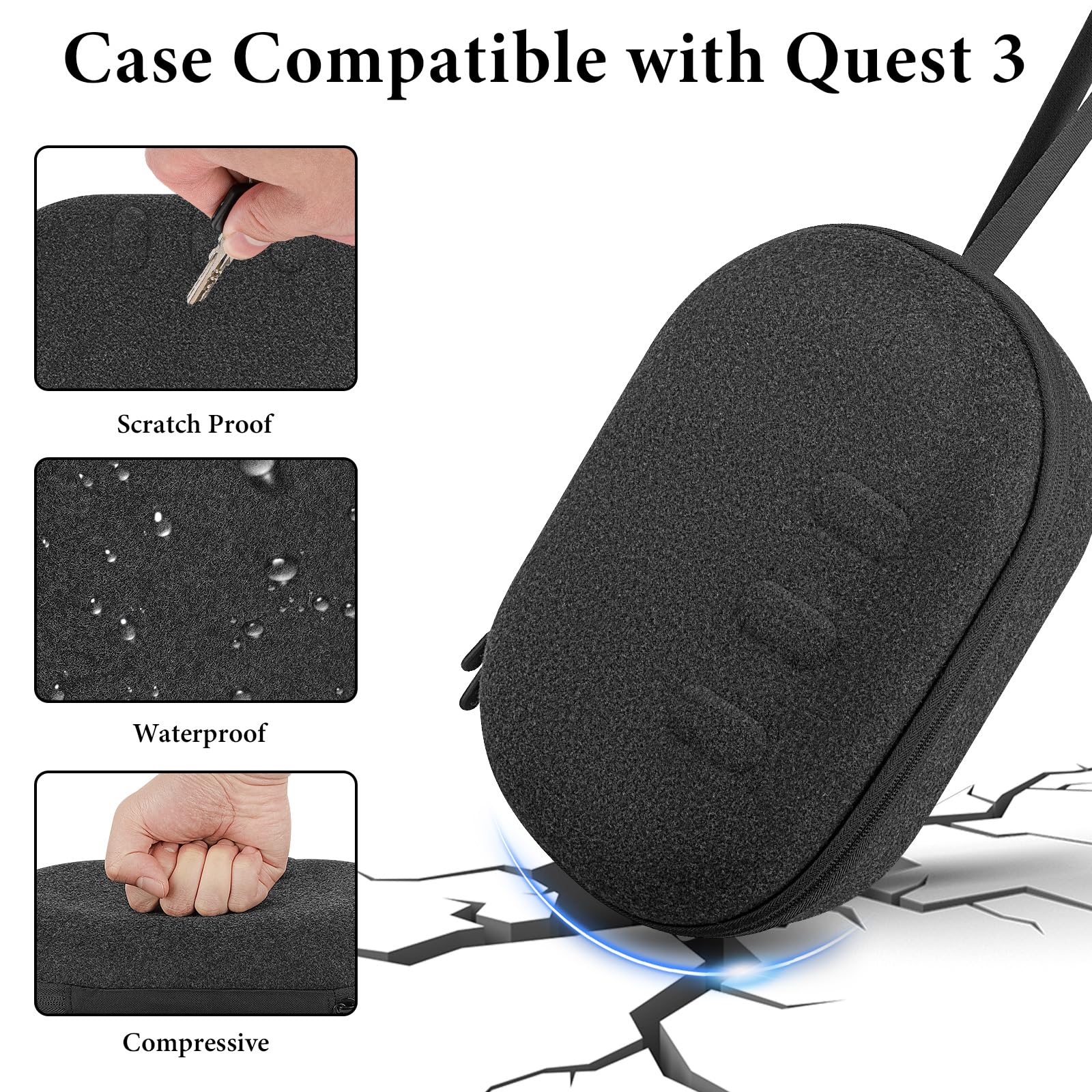 GEEKRIA Shield VR Headset Travel Case Compatible with Meta Quest 3 - Hard Shell Protective Storage for VR Gaming Accessories with Shoulder Strap & Charging Port (Black) | Perfect for Travel, Outdoor Use & VR Gaming Protection