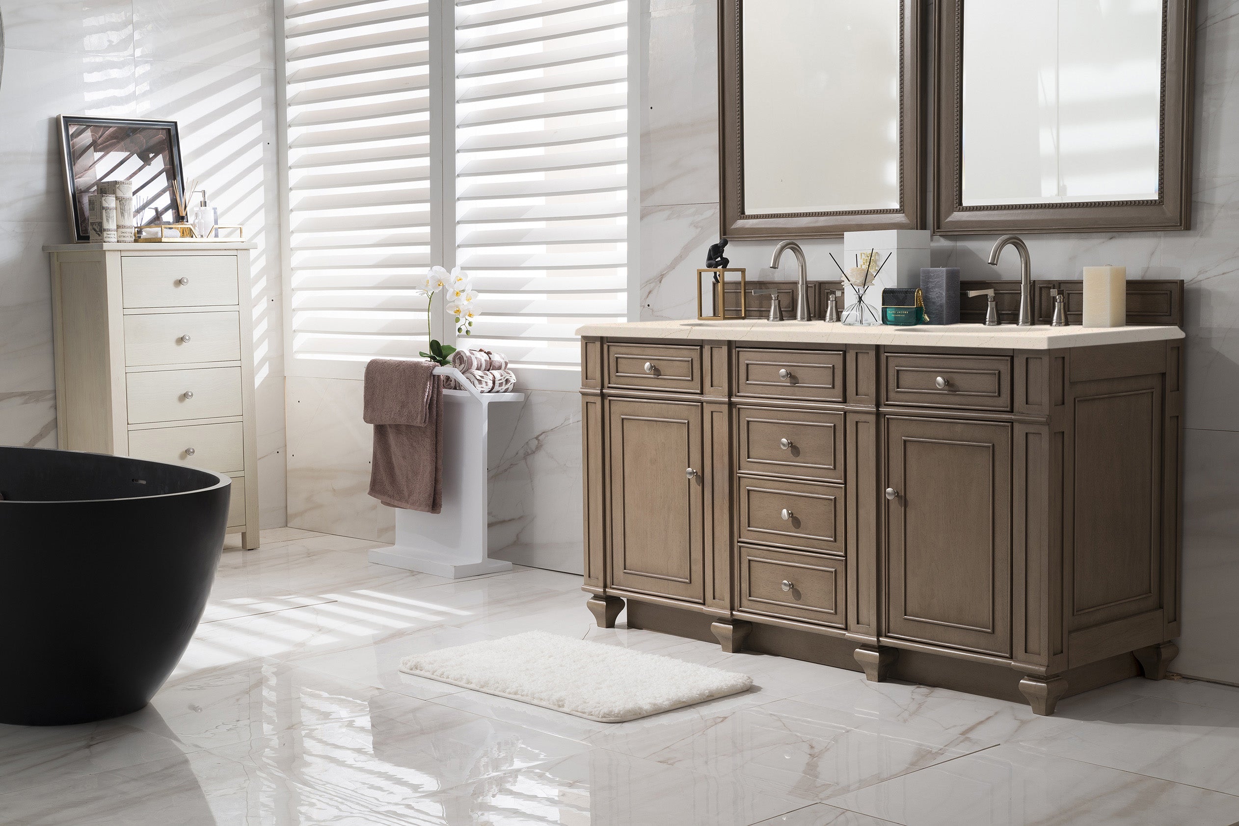 Bristol 60 Inch Double Bathroom Vanity Set with Whitewashed Walnut Finish & 3CM Eternal Marfil Quartz Countertop - Perfect for Modern Master Bathrooms and Guest Suites