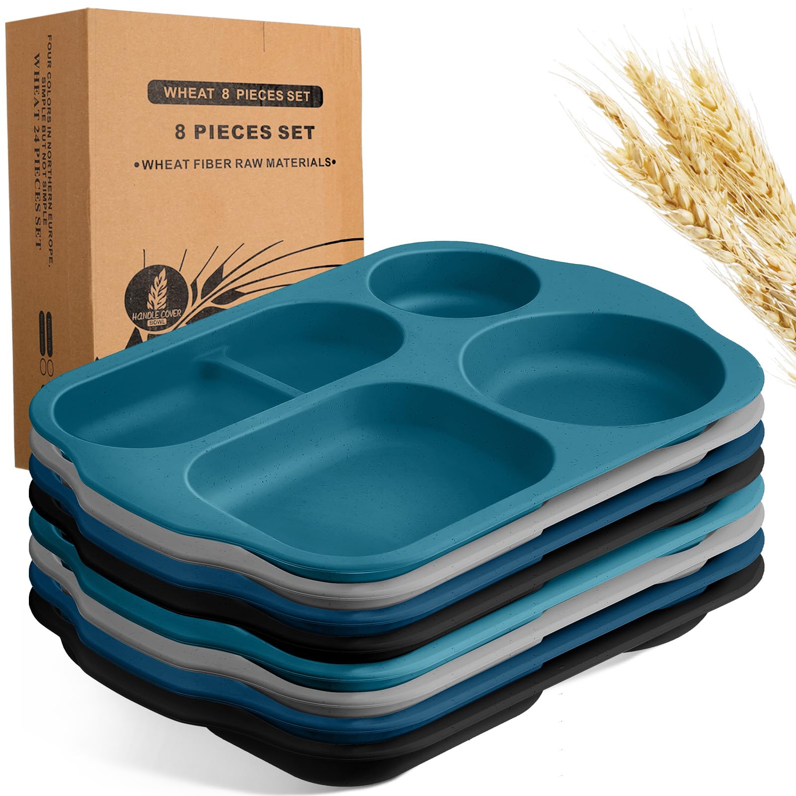 **Tanlade 8-Piece Unbreakable 12-Inch Divided Plates – 5-Compartment Wheat Straw Lunch Trays for Adults & Toddlers | Microwave & Dishwasher Safe | Retro Colors | Perfect for School, Picnics & Parties**